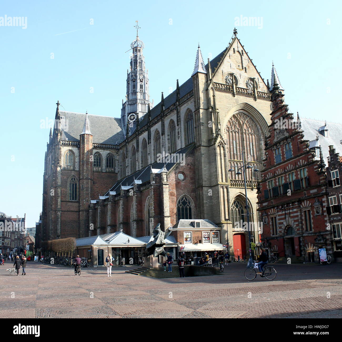 Grote Kerk oder St. Bavo-Kirche, ehemalige katholische Kathedrale am zentralen Marktplatz (Grote Markt) von Haarlem, Niederlande. Auf richtige De Hallen museum Stockfoto