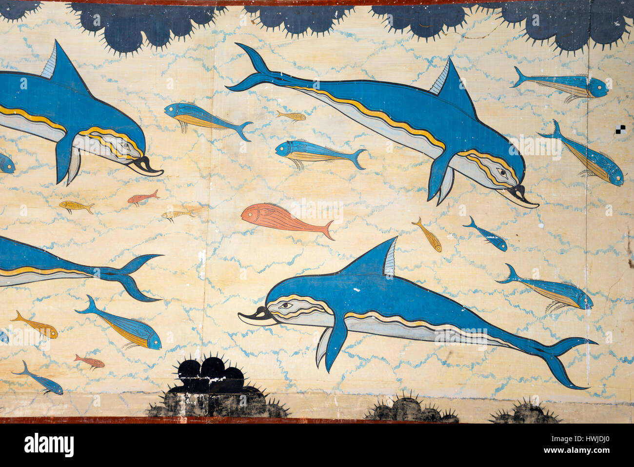 Fresken, Delphine Wand Malerei, Palast der Minoer, Knossos, Kreta, Griechenland Stockfoto