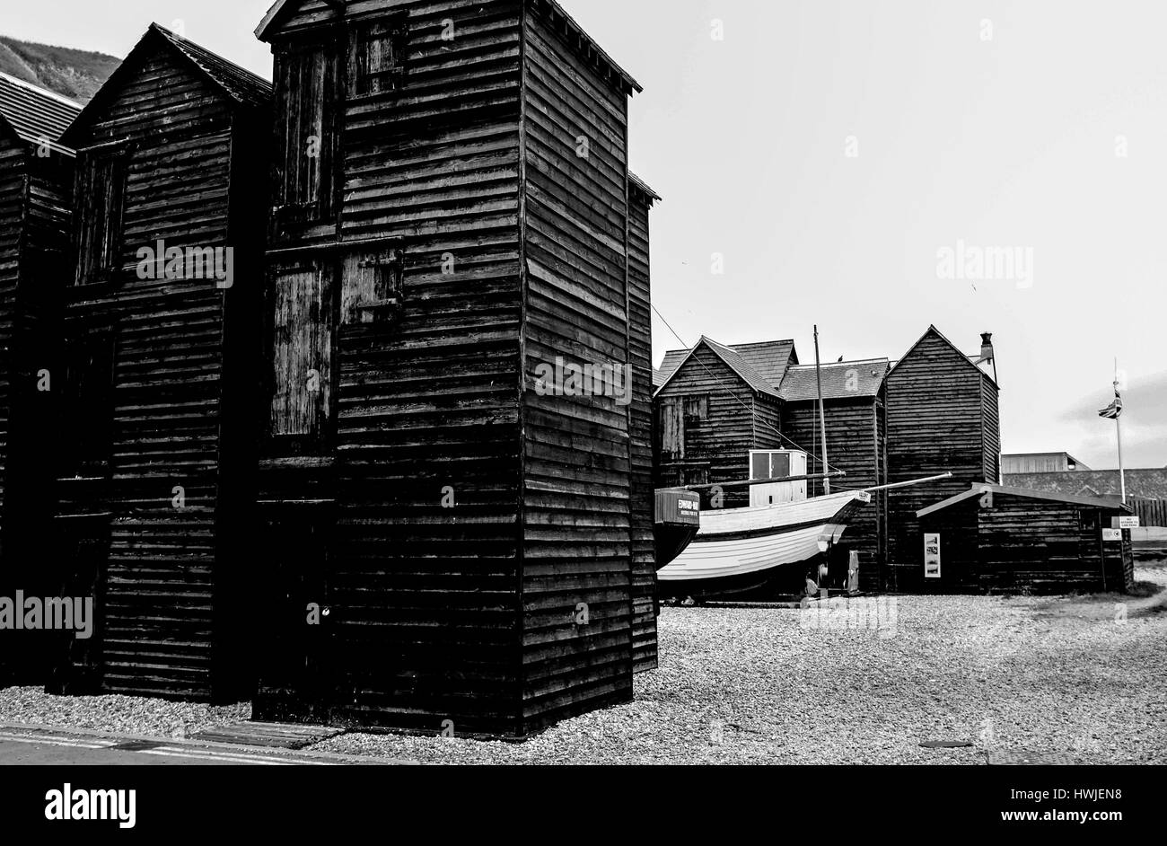 Die berühmten Fischerhütten am Hastings alte Stadt East Sussex UK The Net Shops sind groß Schwarz Holzschuppen Stockfoto
