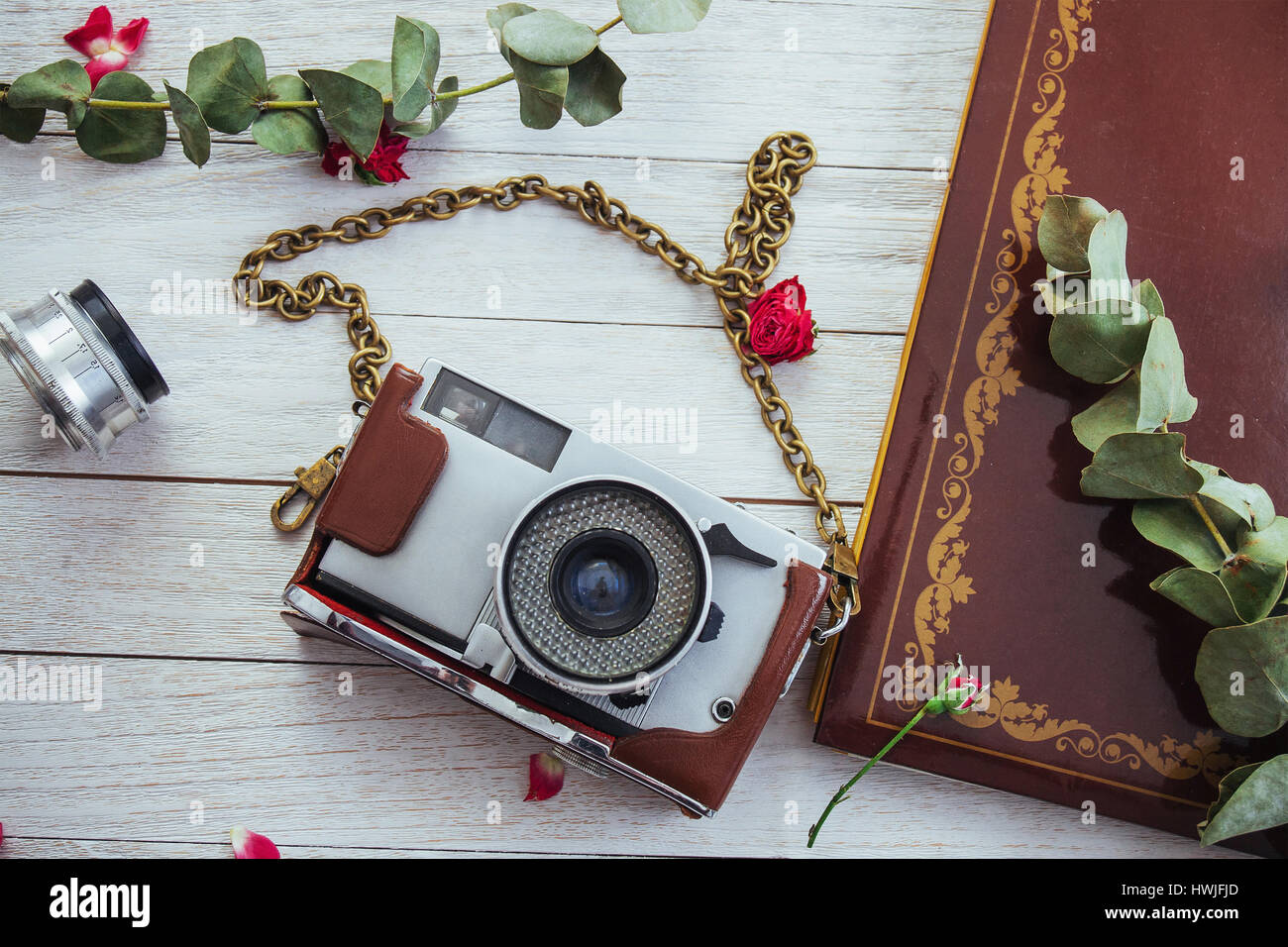Retro-Kamera Rollen Fotofilm und Blumen auf weißem Hintergrund aus Holz. Stockfoto