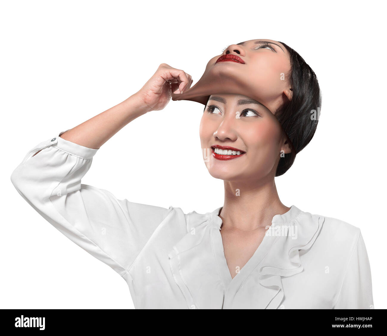Asiatische Geschäftsfrau entfernen seine anderen Gesichtsmaske. Wechselnde Stimmung Konzept Stockfoto