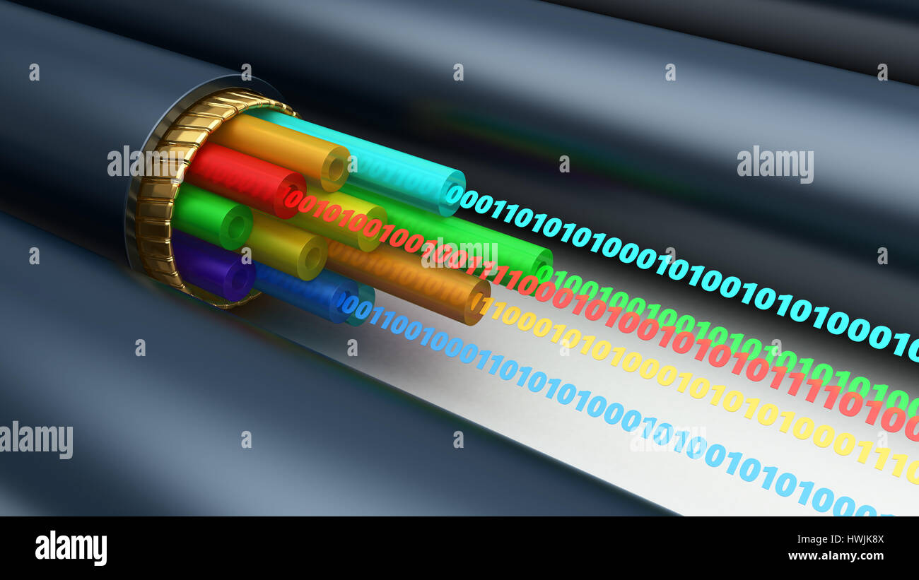 3D Abbildung des binären Datenstrom innerhalb Glasfaserkabel Stockfoto