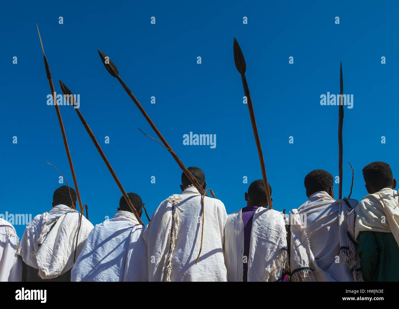 Borana Stamm Männer mit ihren Ororo klebt während der Gada System Zeremonie, Oromia, Yabelo, Äthiopien Stockfoto