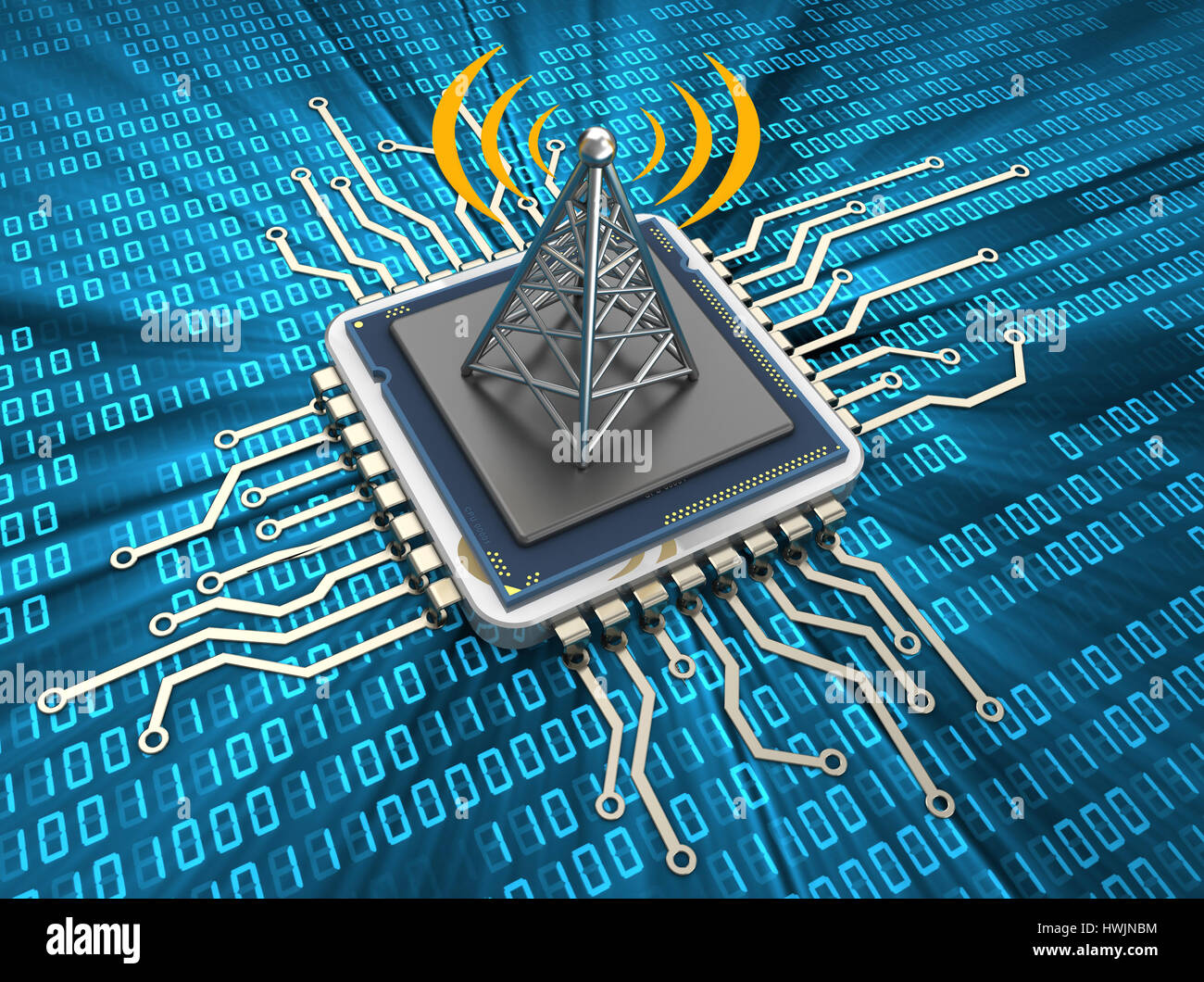 3D Darstellung der Chip mit Antenne und Radiowellen Stockfoto