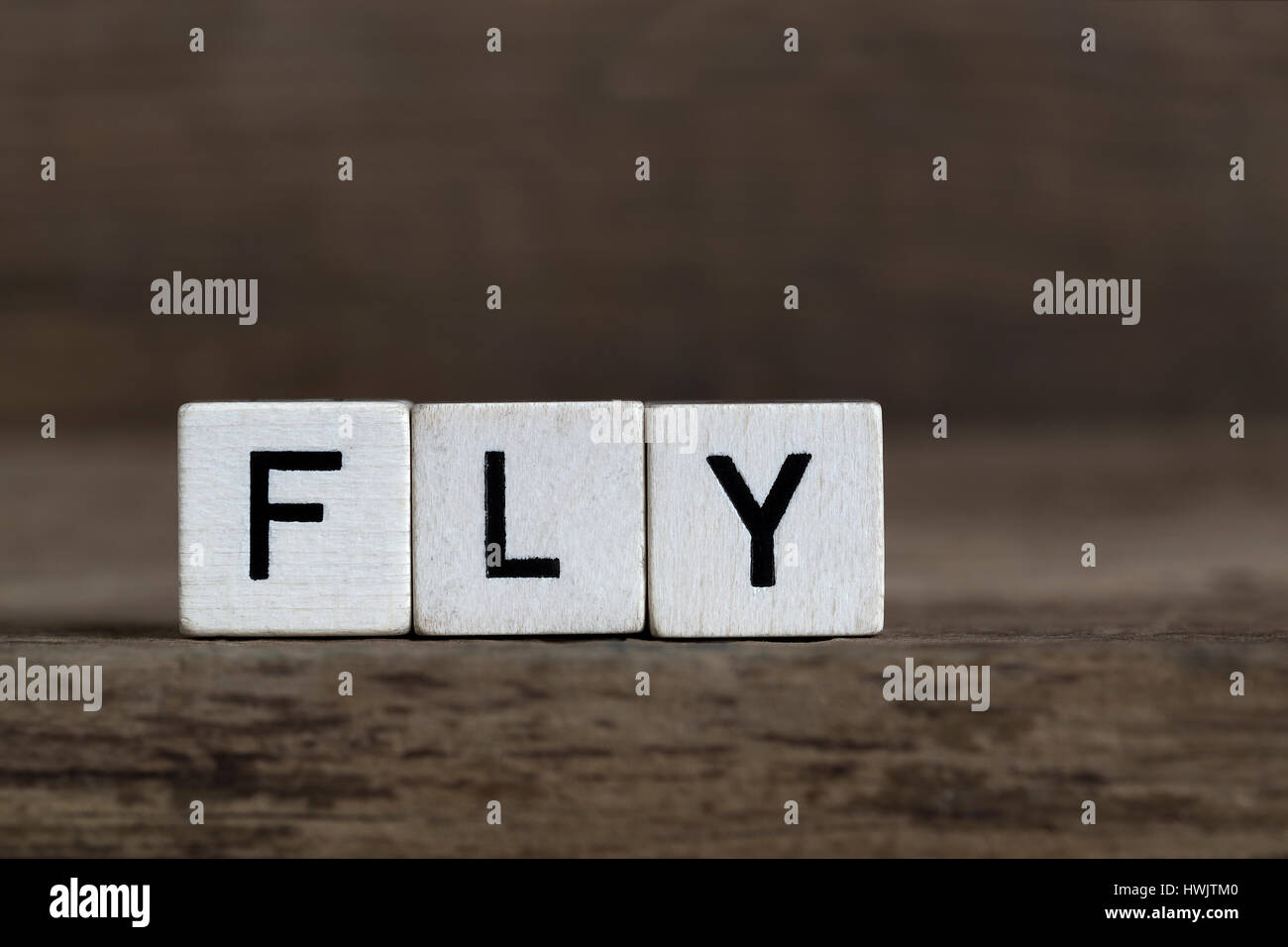 Fliegen Sie, geschrieben in Würfeln auf einem hölzernen Hintergrund Stockfoto