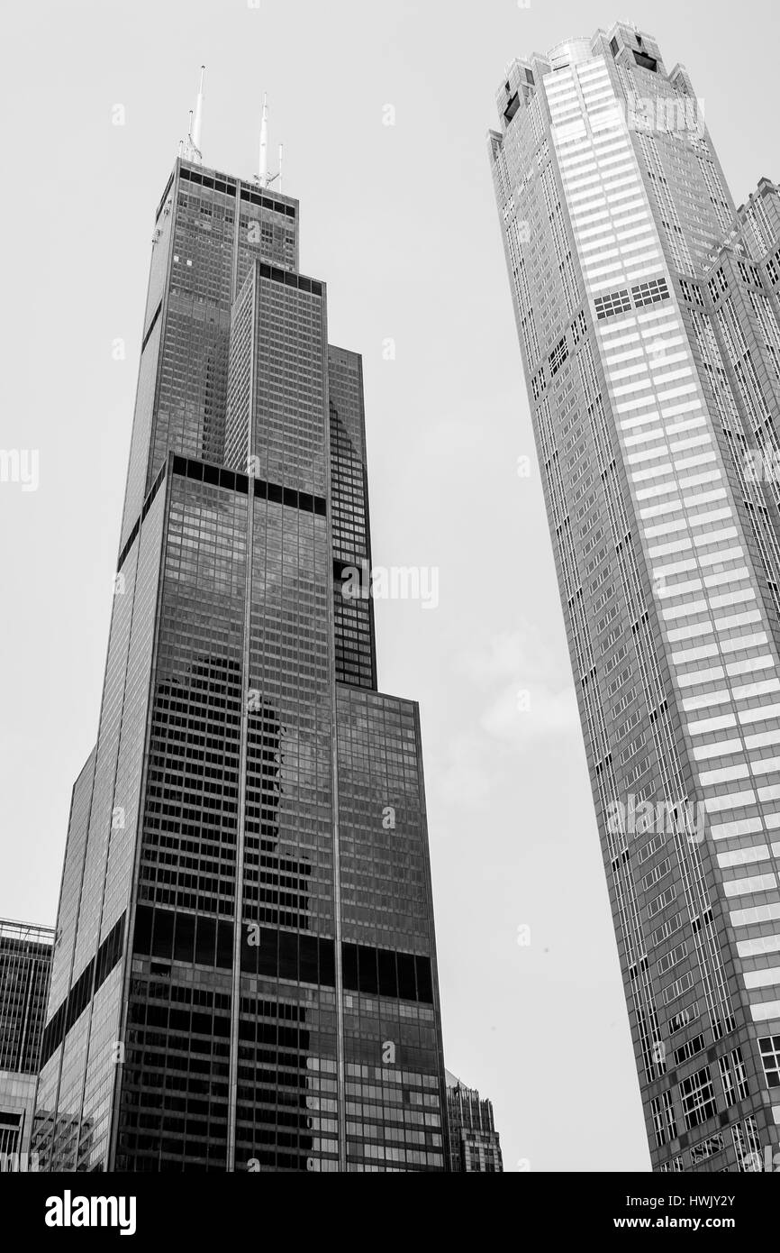 Die Chicagoer Willis Tower (ehemals Sears) in Schwarz und Weiß Stockfoto