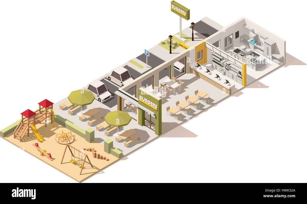 Vektor-isometrische low-Poly-Fastfood-restaurant Stock Vektor