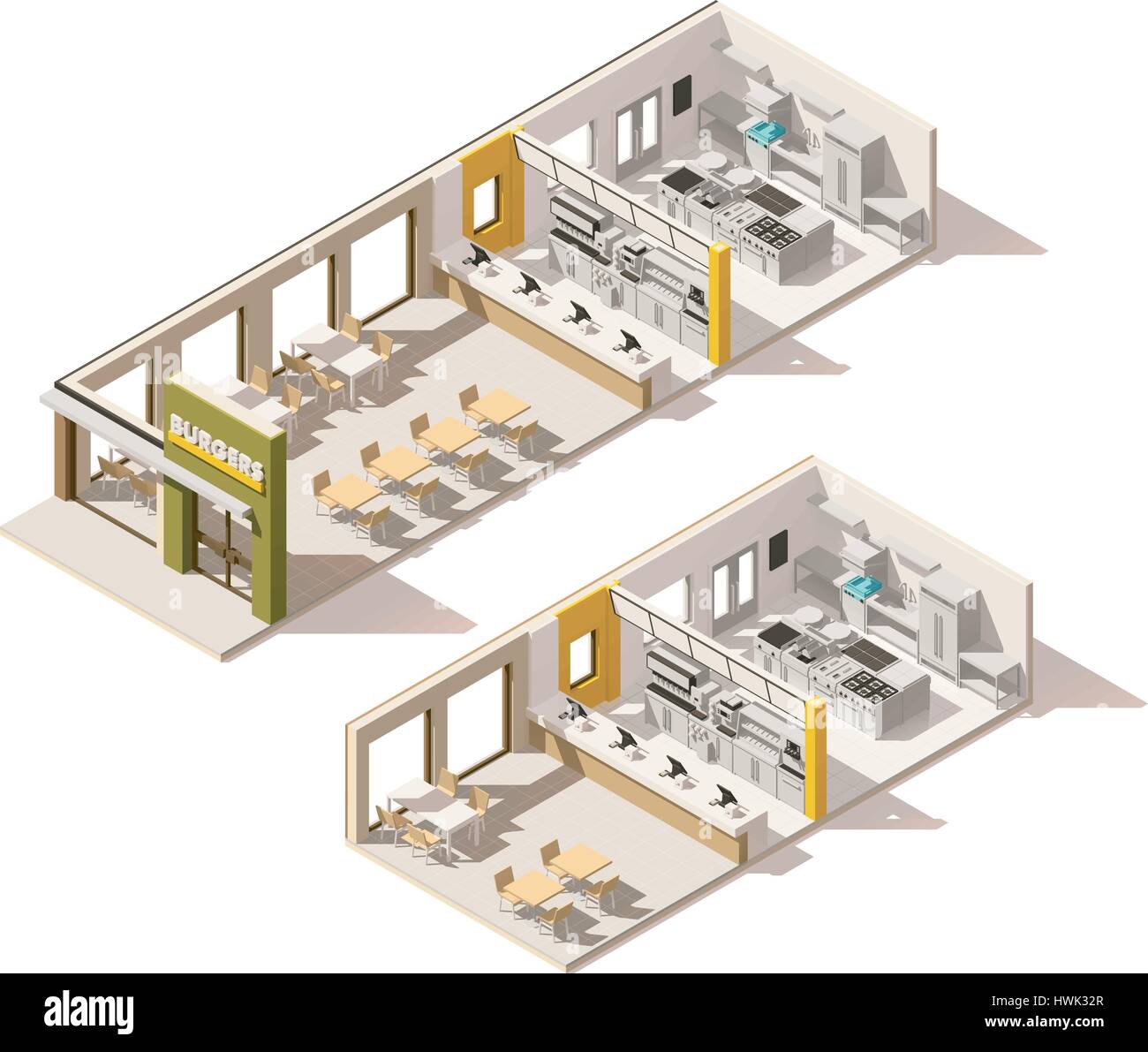 Vektor-isometrische low-Poly-Fastfood-restaurant Stock Vektor