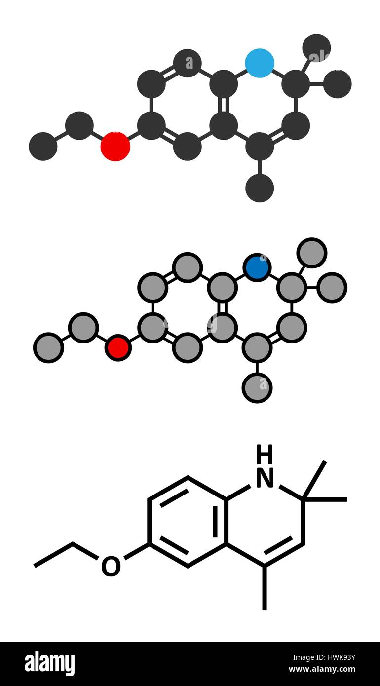 Ethoxyquin Antioxidans Nahrung Konservierungsmittel Molekül. Stilisierte 2D Renderings und konventionellen Skelettformel. Auch zur verbrühen auf Birnen zu kontrollieren. Stock Vektor