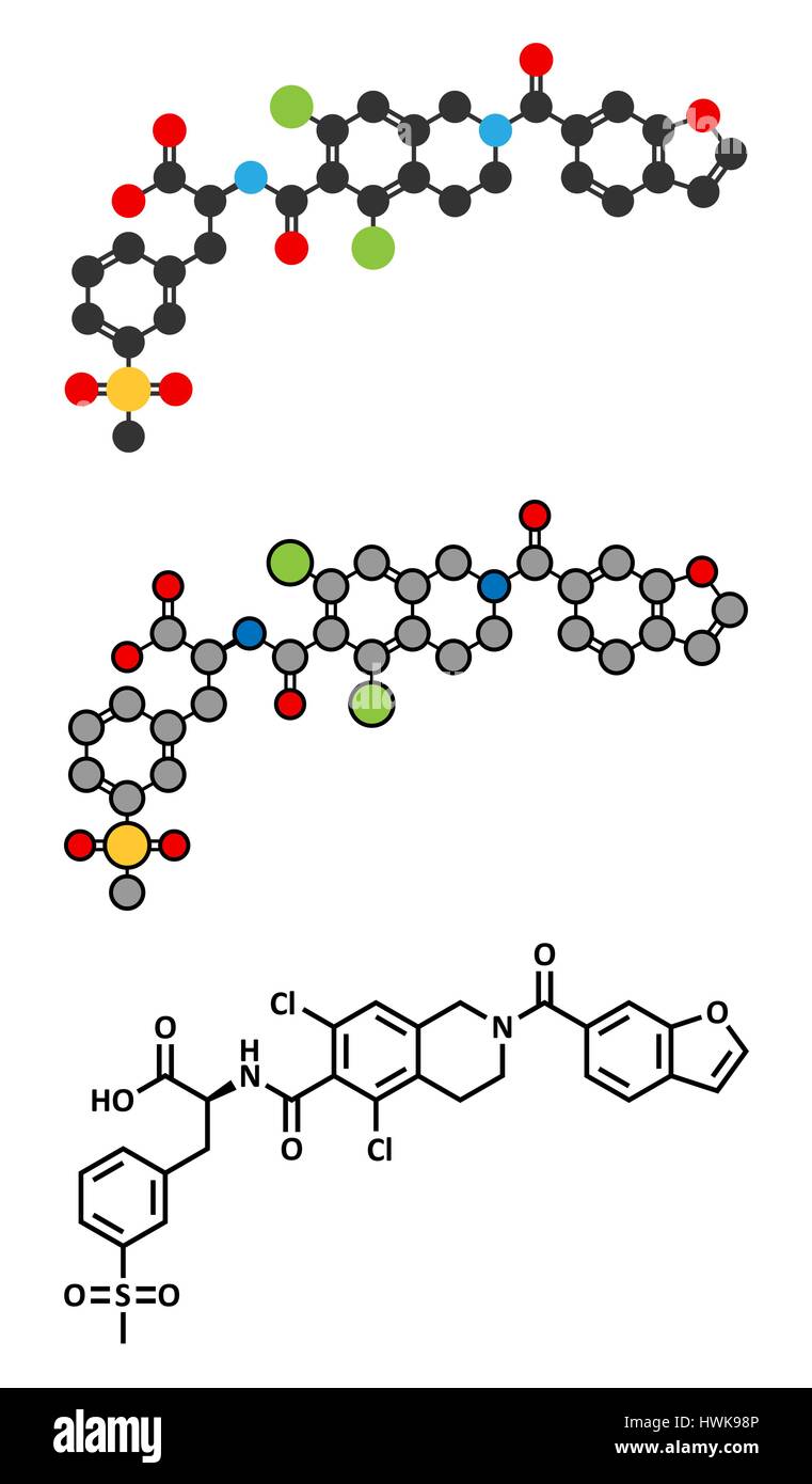 Lifitegrast Wirkstoffmolekül. Stilisierte 2D Renderings und konventionellen Skelettformel. Verwendet in der Behandlung von Keratokonjunktivitis Sicca. Stock Vektor