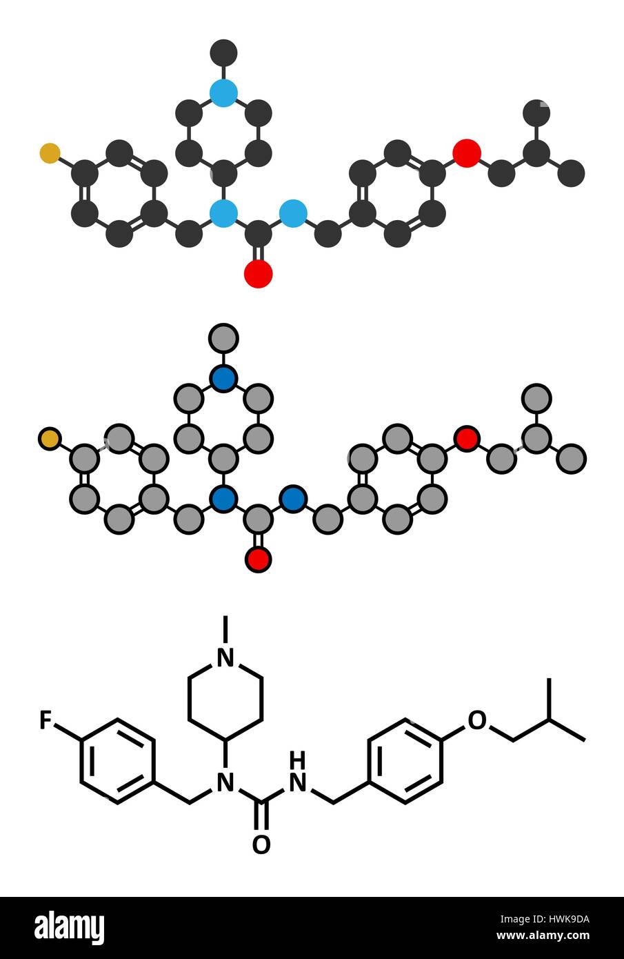 Pimavanserin atypische Antipsychotika Wirkstoffmolekül. Stilisierte 2D Renderings und konventionellen Skelettformel. Stock Vektor