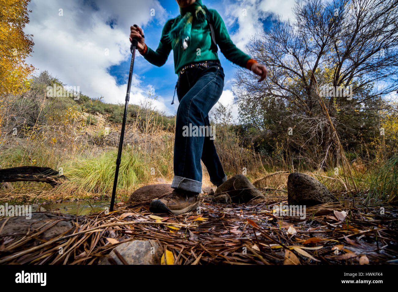 Eine ältere Frau Wanderer Wandern entlang einer Strecke im Cave Creek Naherholungsgebiet nördlich von Phoenix Arizona USA Stockfoto