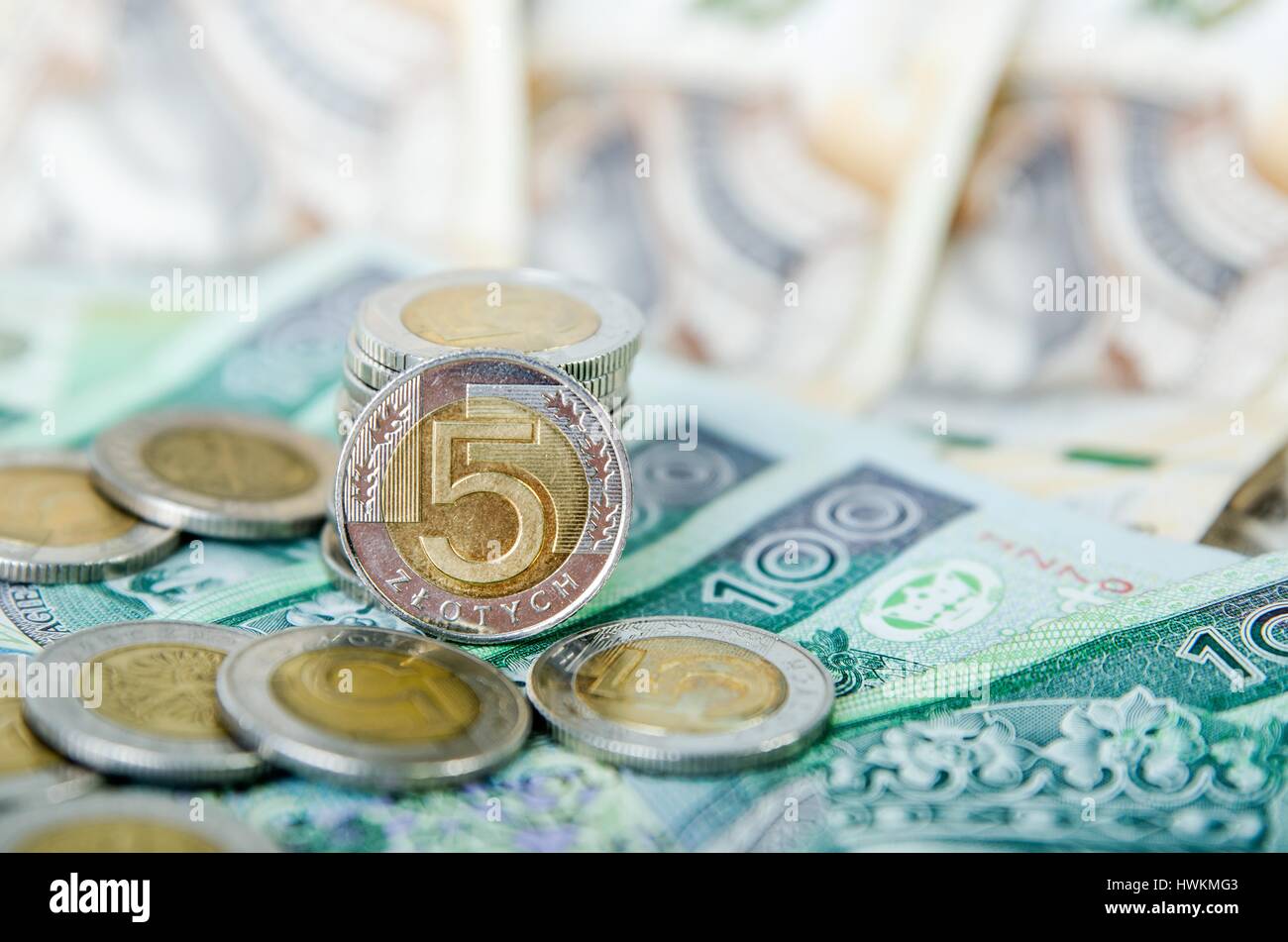 Polnische Geld Nahaufnahme Geschäft Zusammensetzung. polnische Münzen Einkommen Währung investieren Geschäftskonzept Stockfoto