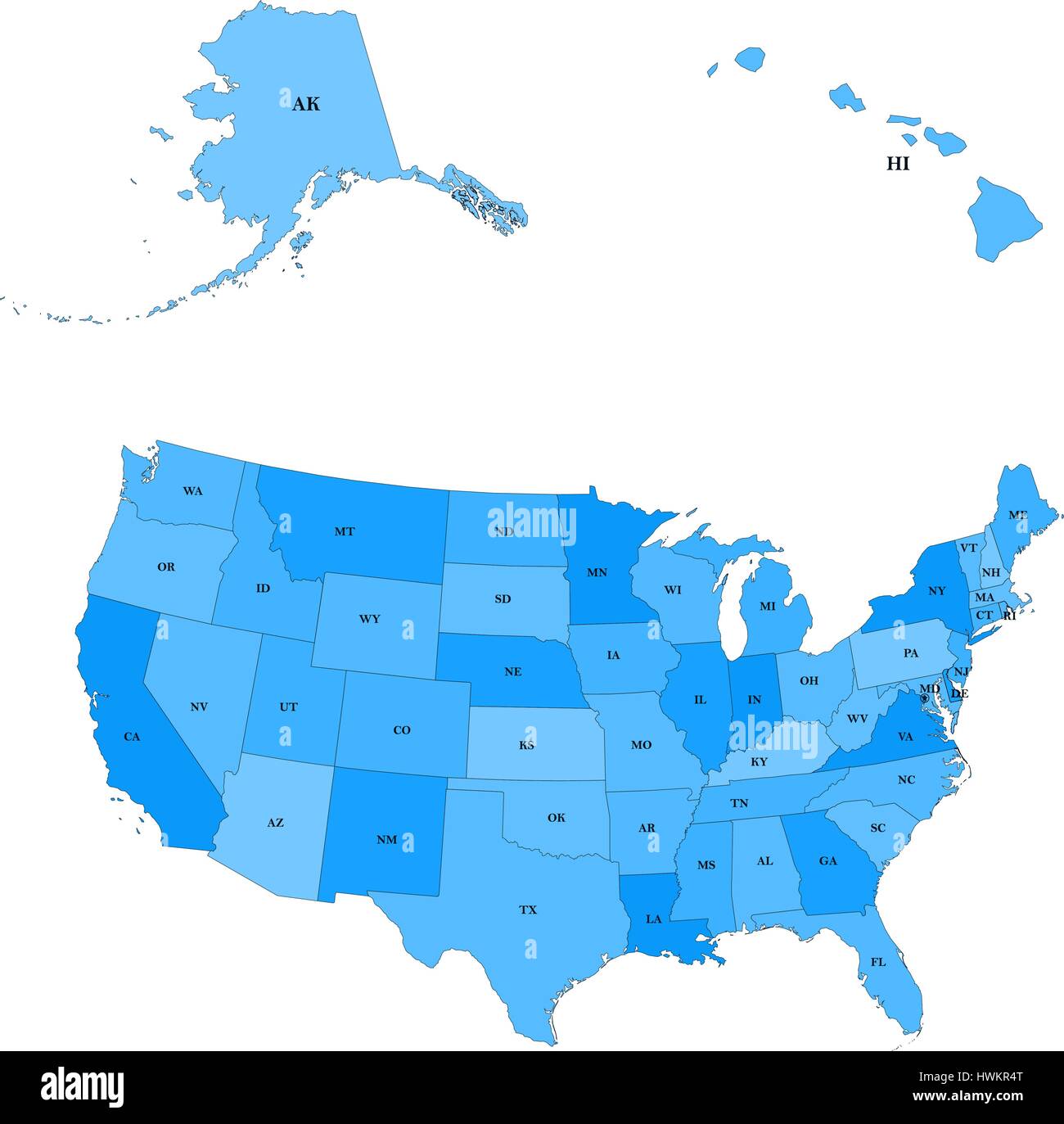 Detaillierte Karte der Vereinigten Staaten, einschließlich Alaska und Hawaii. Vereinigten Staaten mit jedem Staat Abkürzung Stock Vektor