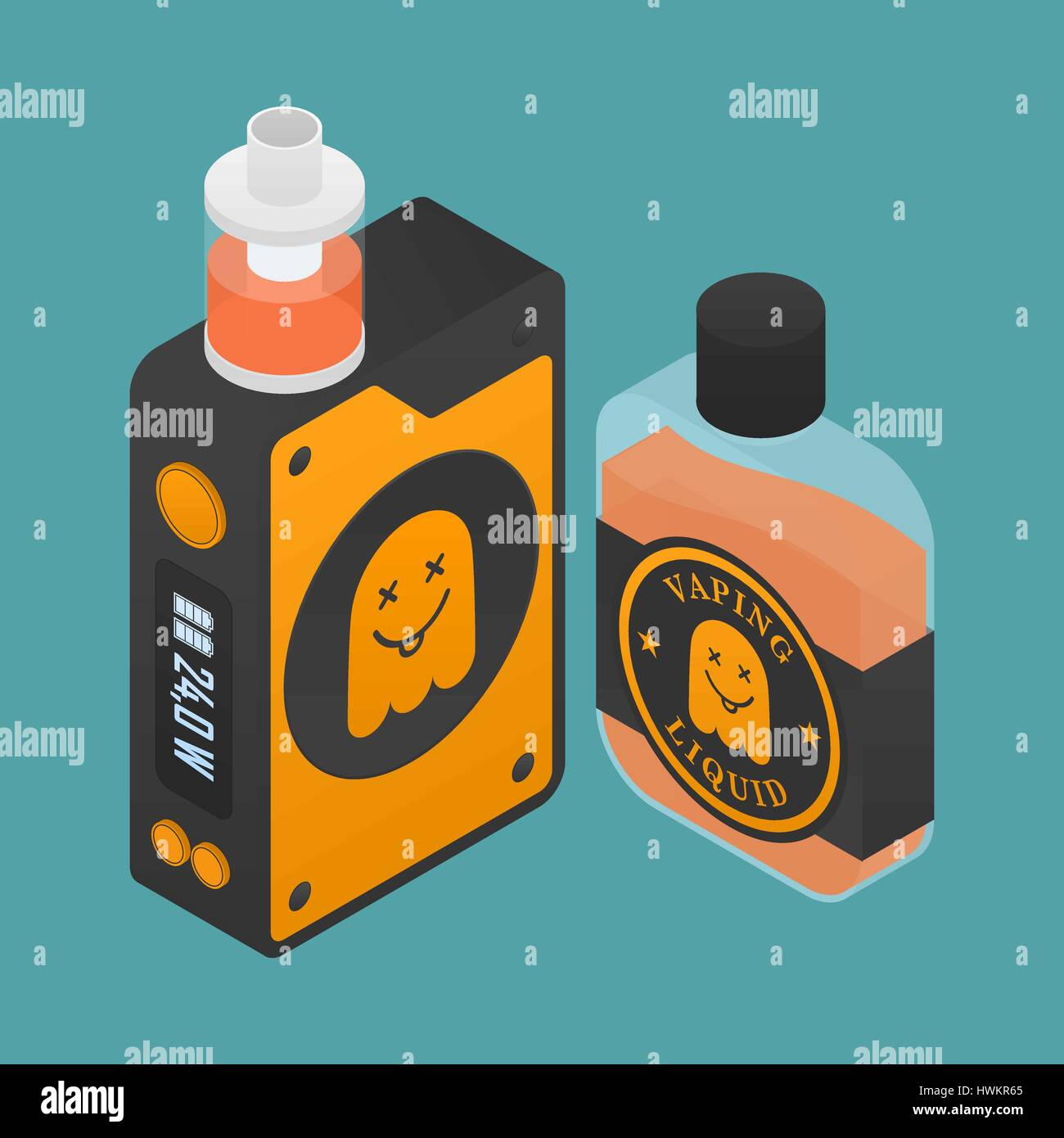 Isometrische Symbol der Vape Gerät mit Ghost Silhouette. Elektronische Zigarette mit e-Liquid Flasche. Vektor-dampfen-Symbol. Feld mod mit reparierten Tank bei Stock Vektor