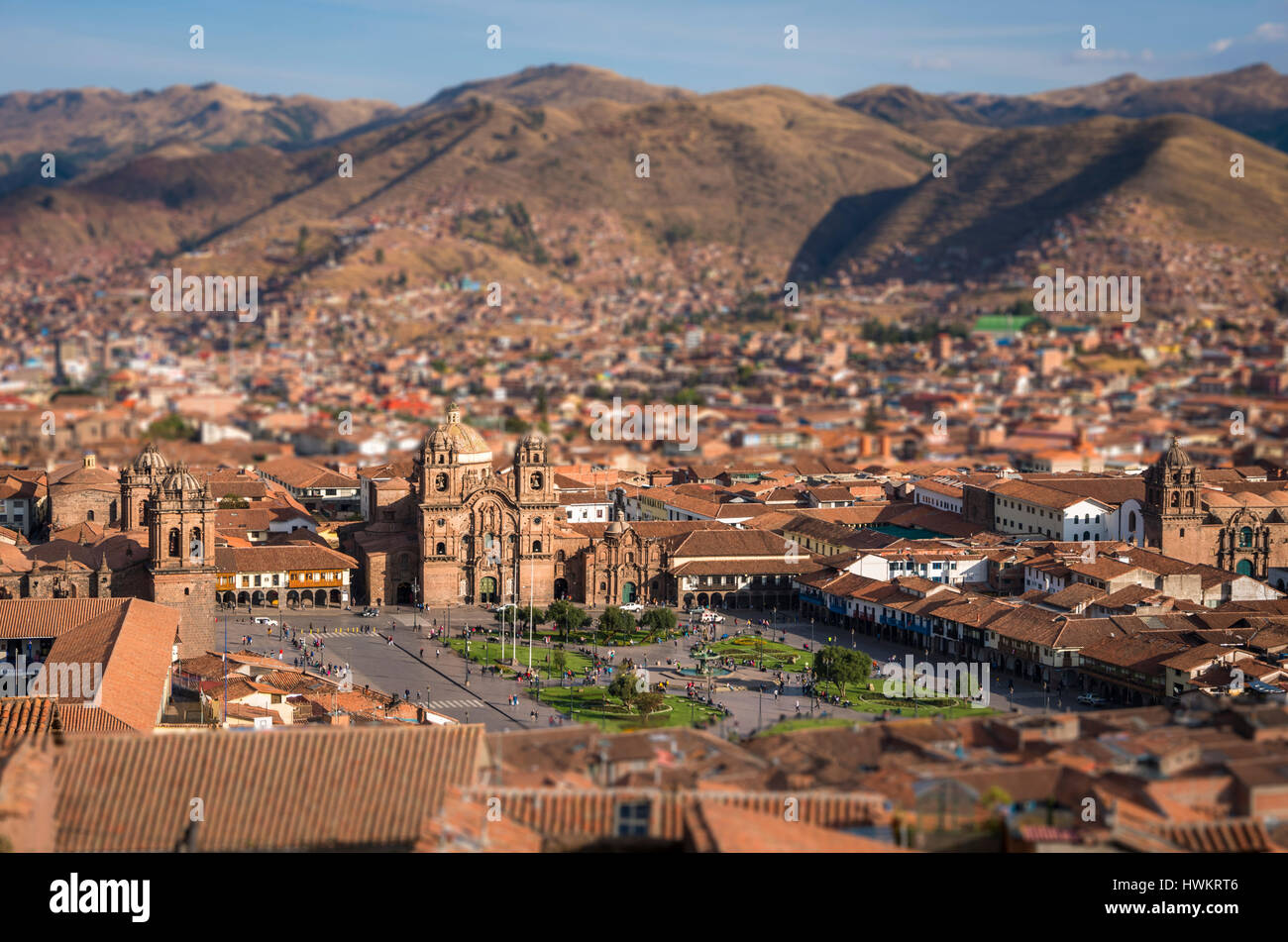 Plaza de Armas und die Dächer der Innenstadt von Cuzco, Peru (mit Tilt-Shift-Effekt) Stockfoto
