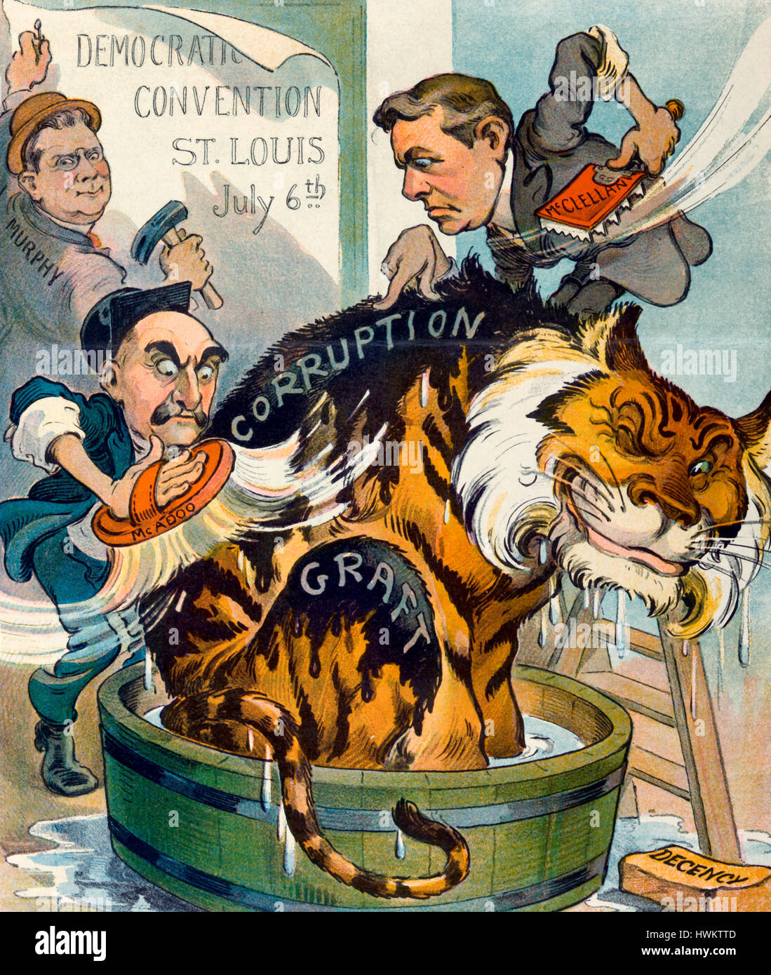 Sein erstes Bad - Abbildung zeigt Bürgermeister George B. McClellan und Polizeichef William McAdoo Waschen der Tammany Tiger mit der Bezeichnung "Korruption" und "Graft"; im Hintergrund ist Tammany Hall-Chef Charles F. Murphy eine Mitteilung für die "demokratischen Konvention" am 6. Juli in Saint Louis, Missouri Entsendung. 1904 Stockfoto