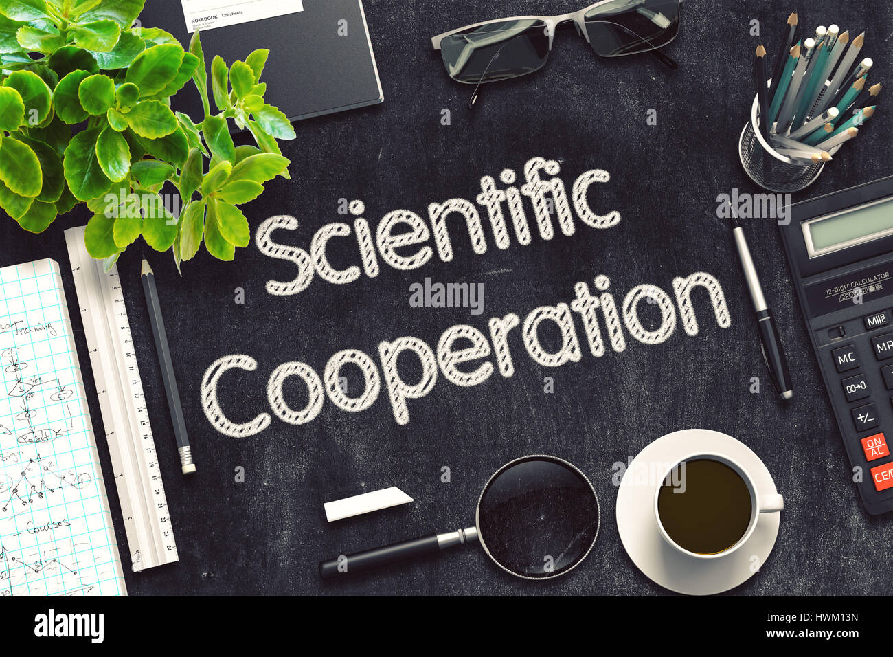 Wissenschaftliche Zusammenarbeit an schwarzen Tafel. 3D-Rendering. Stockfoto