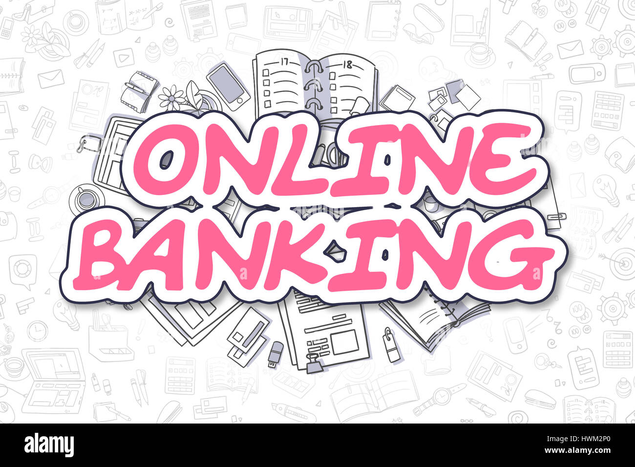 Online-Banking - Cartoon Magenta Wort. Business-Konzept. Stockfoto
