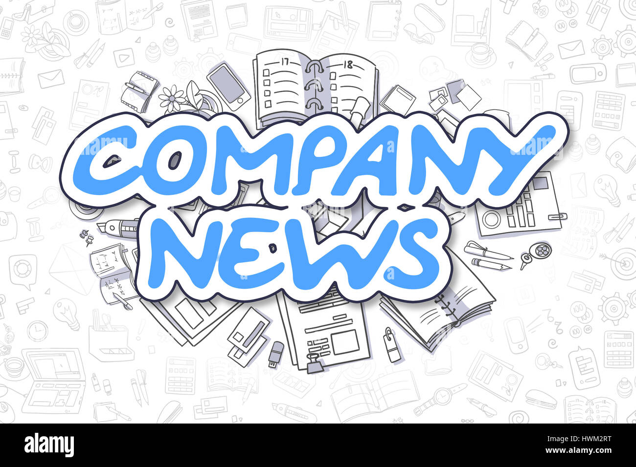 Unternehmens-News - Doodle Blau Wort. Business-Konzept. Stockfoto