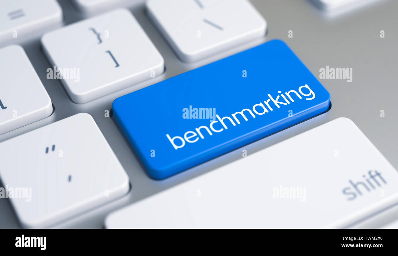 Benchmarking - Text auf die blaue Taste. 3D. Stockfoto