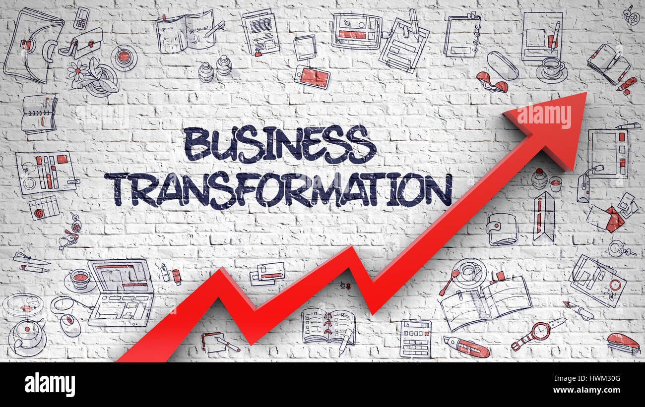 Business Transformation auf weißen Brickwall gezeichnet. 3D. Stockfoto