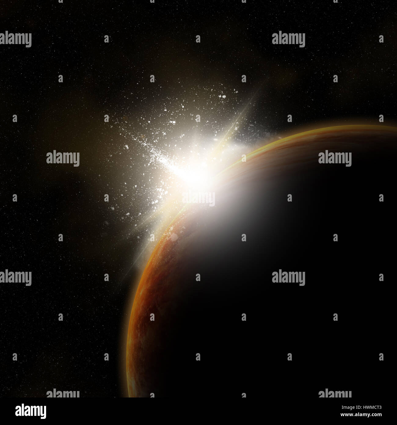 3D-Raum Hintergrund mit Sonnenaufgang hinter fiktiven Planeten Stockfoto