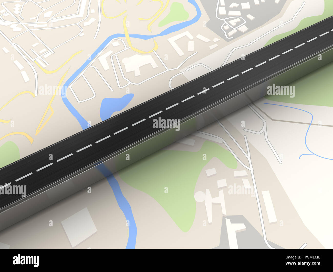 3D Darstellung der Asphaltstraße über Karte Stockfoto