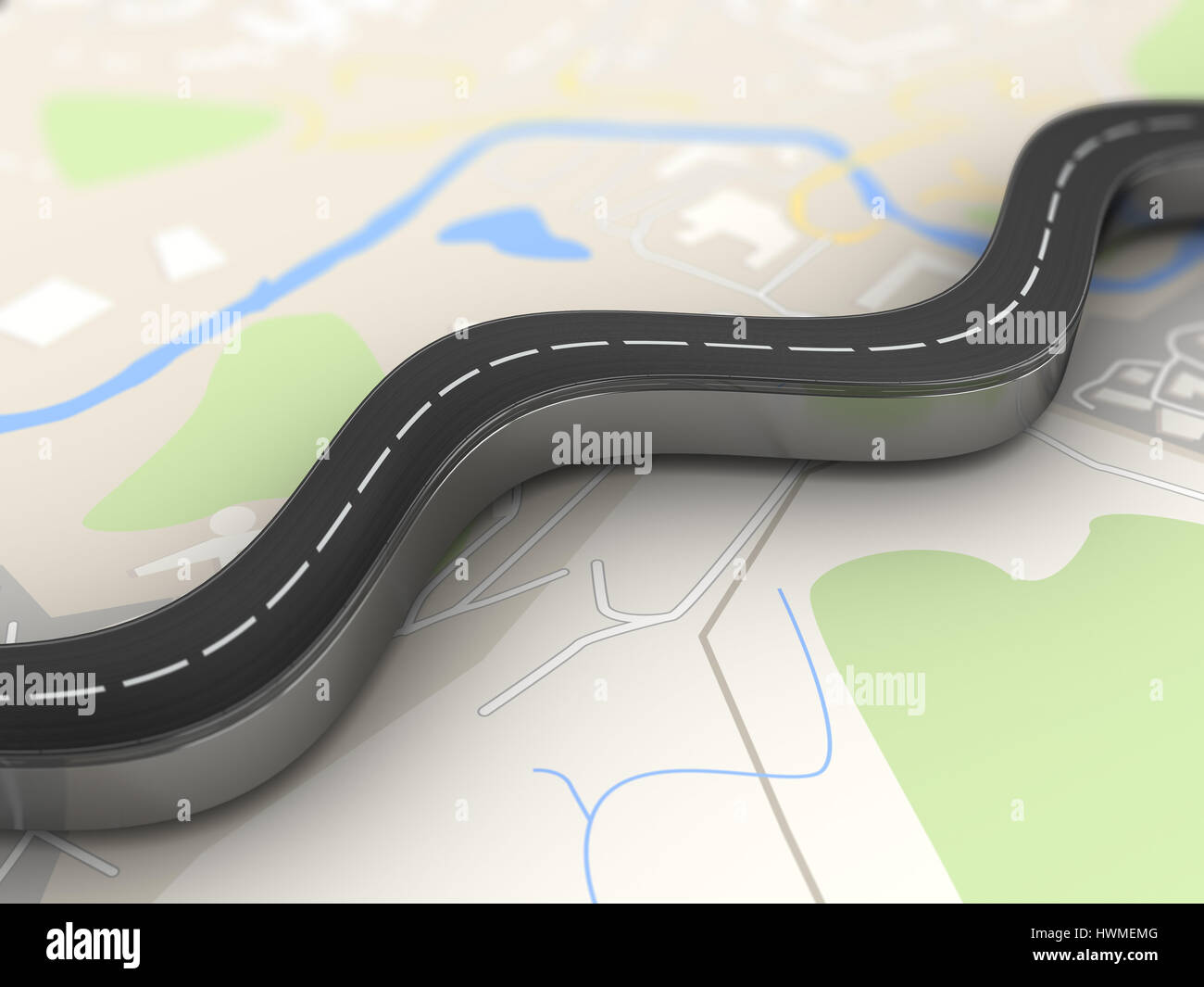 3D Darstellung der Asphaltstraße über Kartenhintergrund Stockfoto