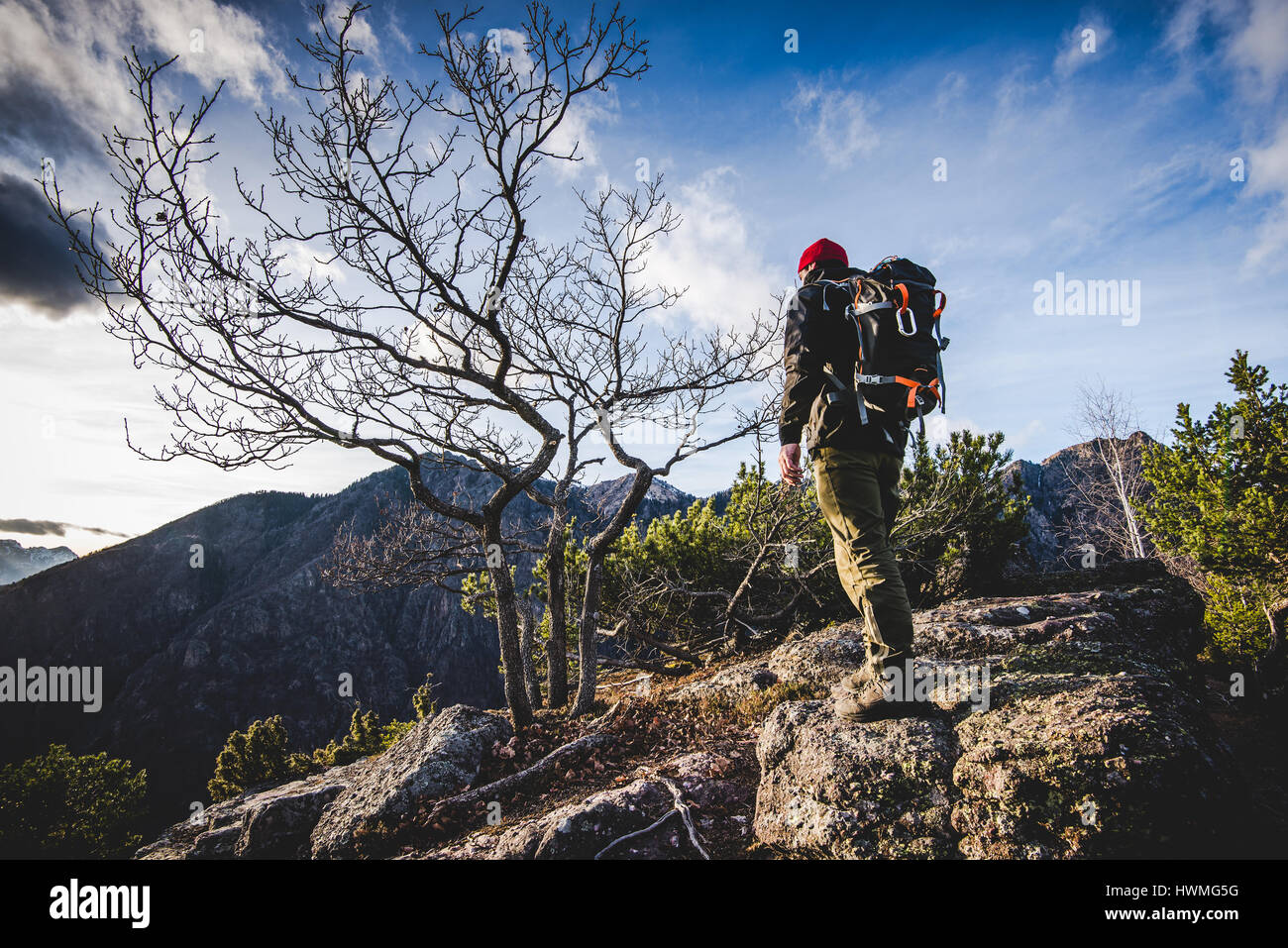 Wanderer zu Fuß auf einem Bergweg in den Wald - Fernweh Reisekonzept mit sportlichen Menschen auf der Exkursion in der wilden Natur - Outdoor-Italienische Alpen Stockfoto