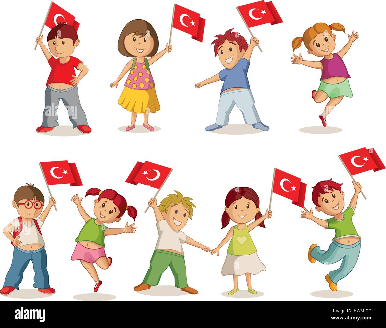 Vektor-Illustration der Kinder mit türkischer Flagge. 23 Nisan Çocuk Bayrami, April 23 türkische nationale Souveränität und Kinder Tag. Stock Vektor