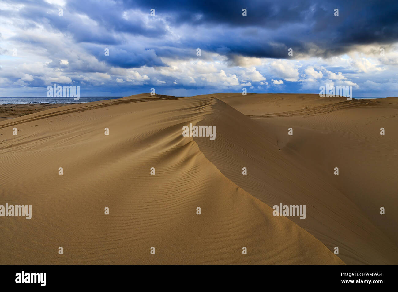 Sanddünen von Stockton Beach bei Sonnenuntergang unter schweren dicken Wolken mit Blick auf Pazifischen Ozean. Erodierten Sand Masse mit strukturierten Muster gebildet von Winden. Stockfoto