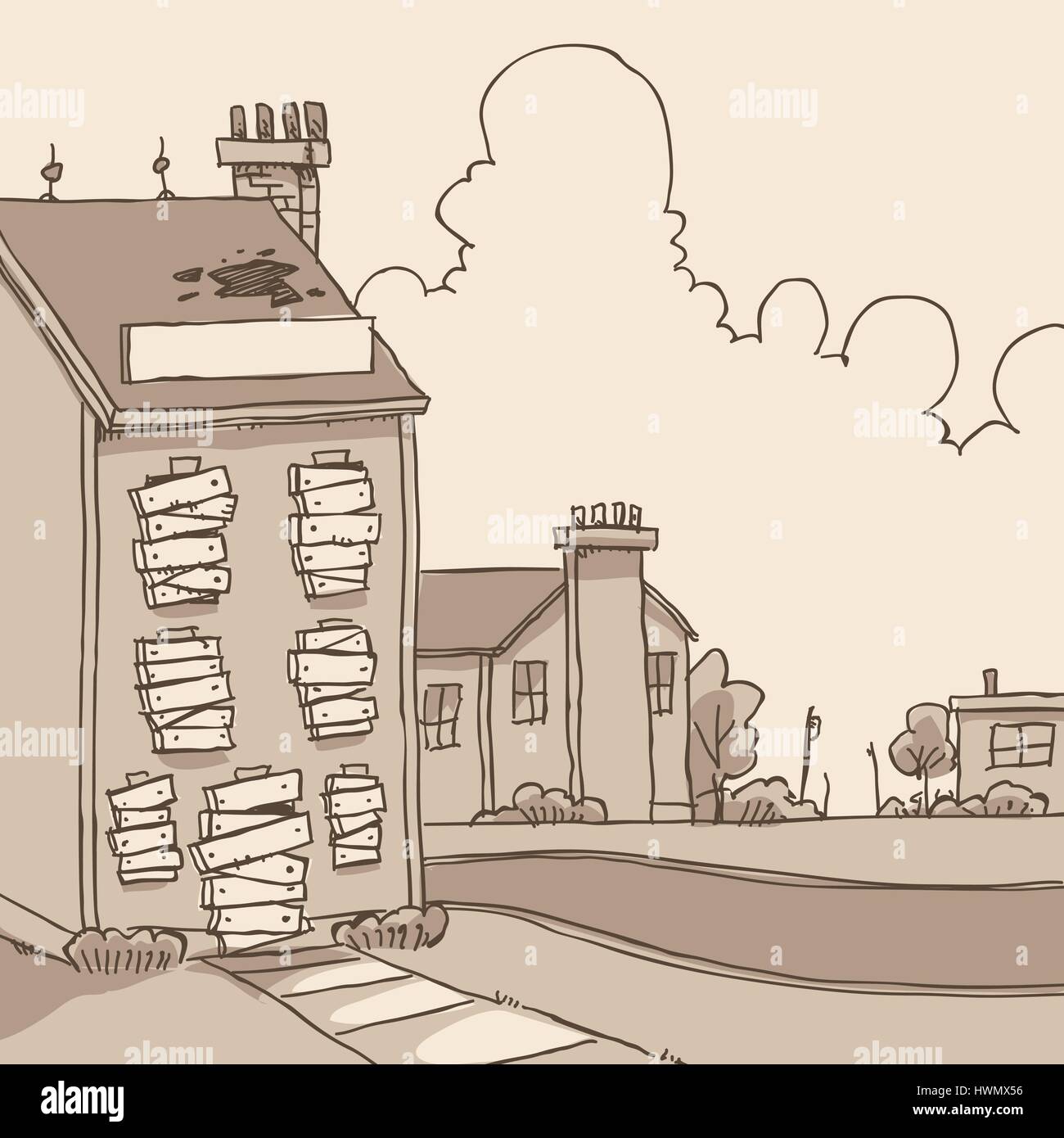 Eine Karikatur von einem bestiegen, verlassenen Gebäude. Stock Vektor