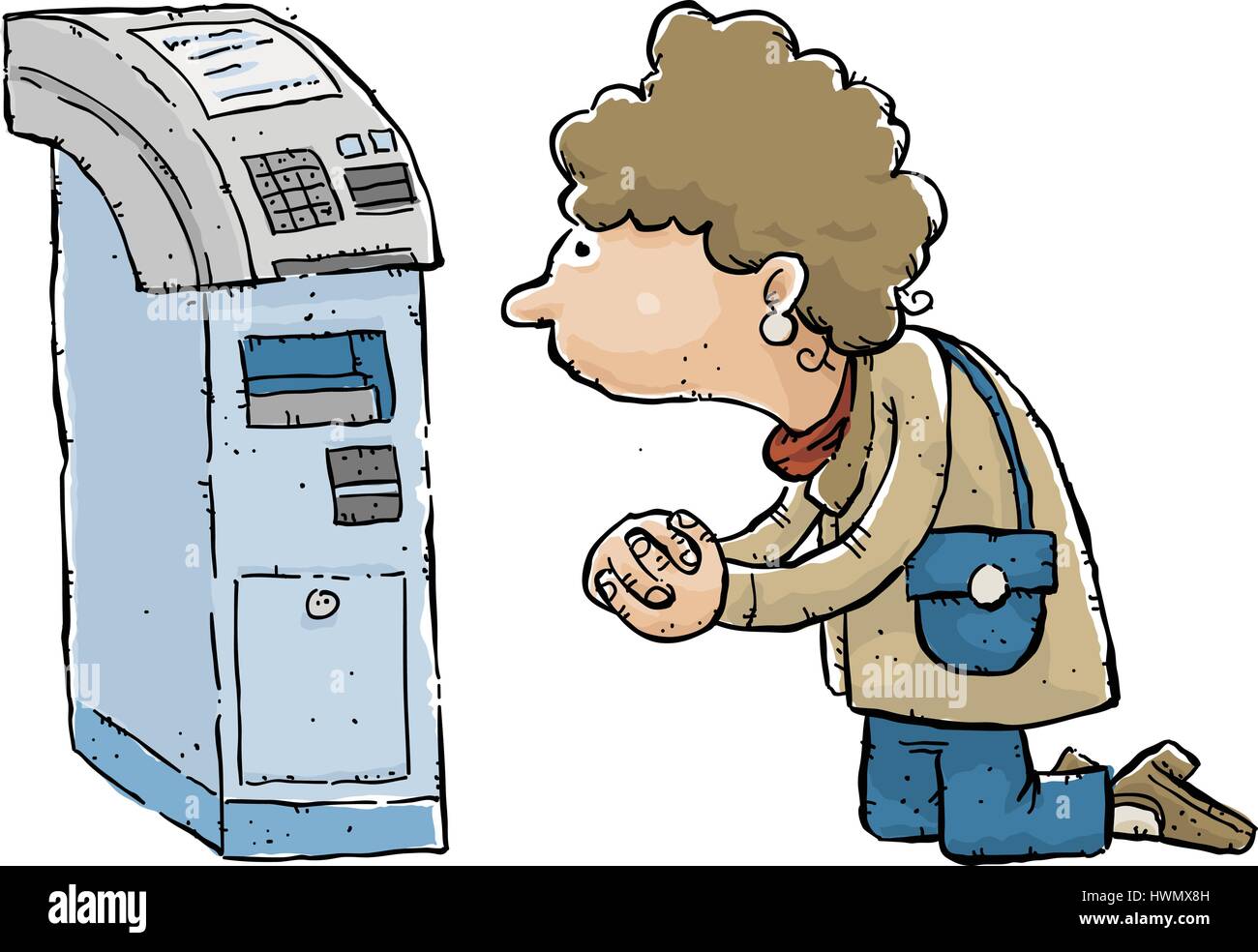 Eine traurige und verzweifelte Cartoon Frau kniet und betet für Geld vor eine tragbare Geldautomaten. Stock Vektor