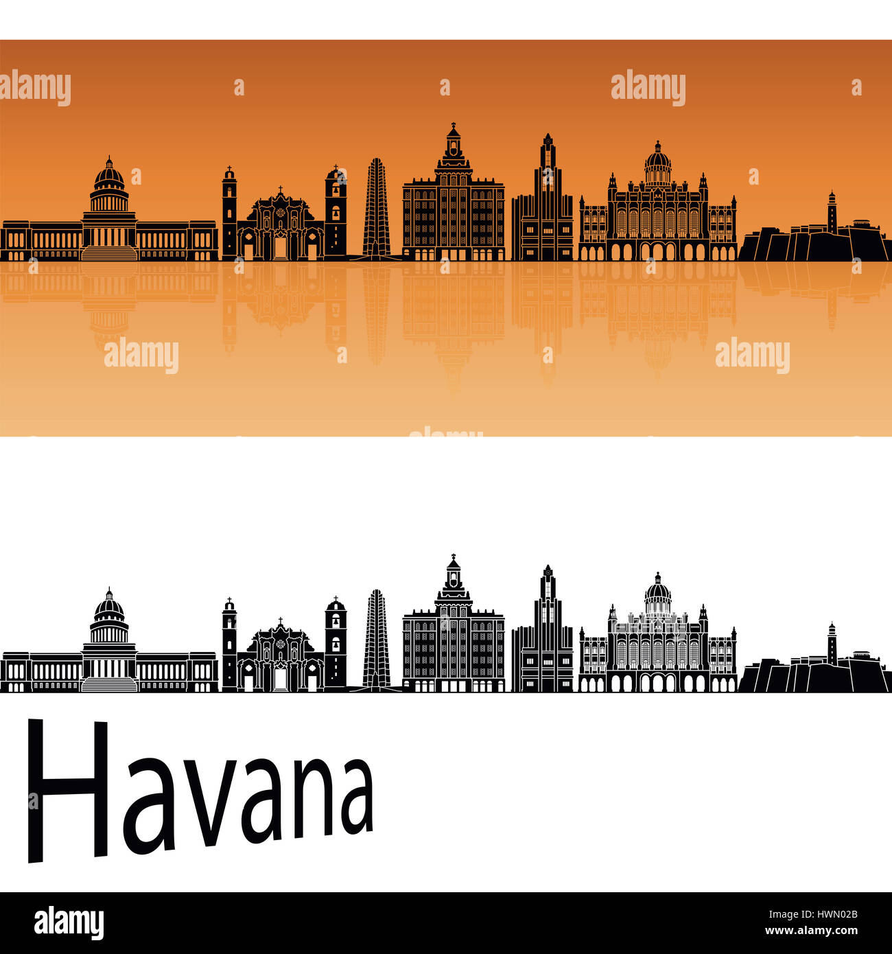 Skyline von Havanna V2 in orangem Hintergrund in bearbeitbare Vektordatei Stockfoto