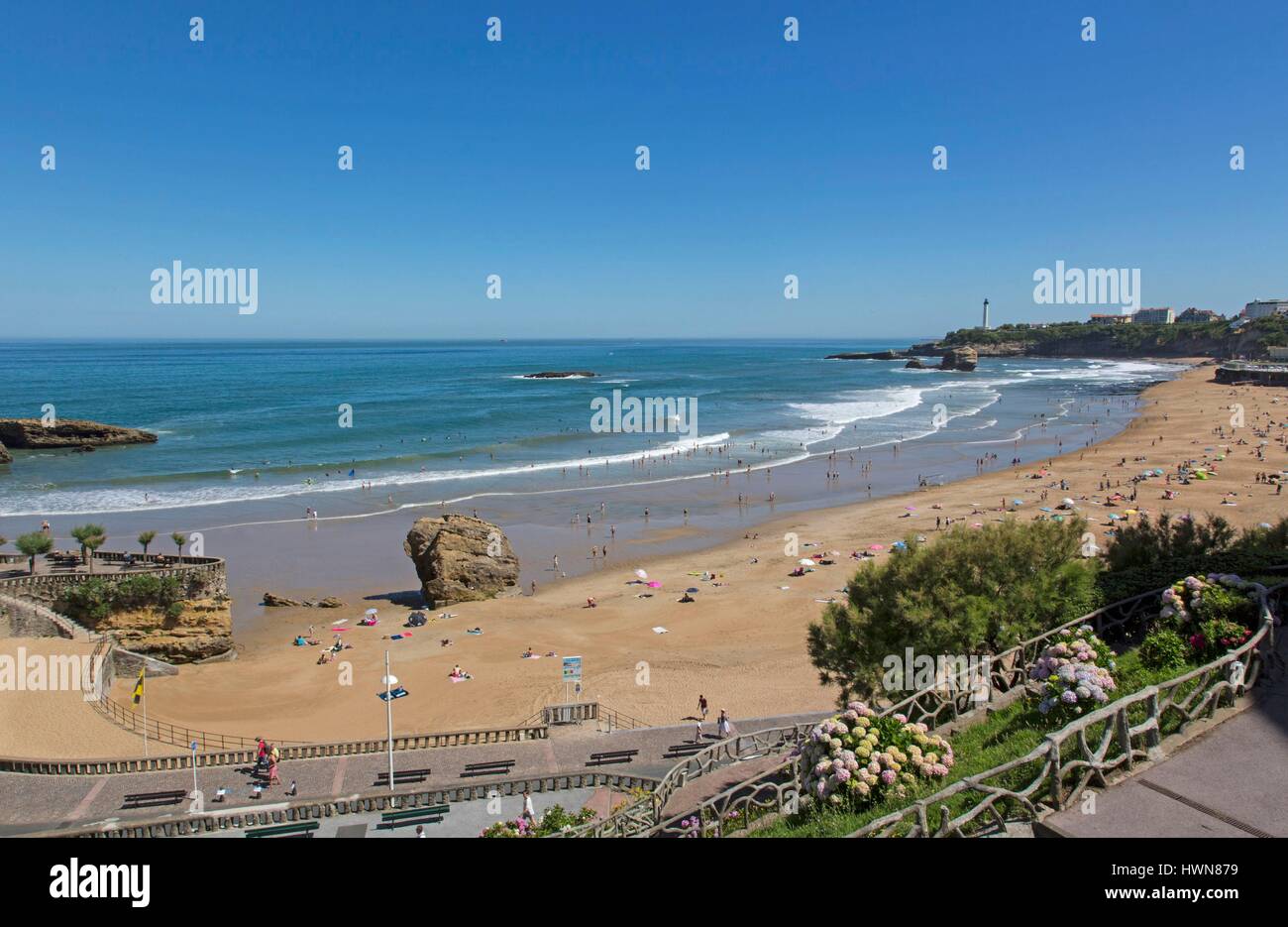 Frankreich, Pyrenäen Atlantique, Baskenland, Biarritz, Grande Plage Stockfoto