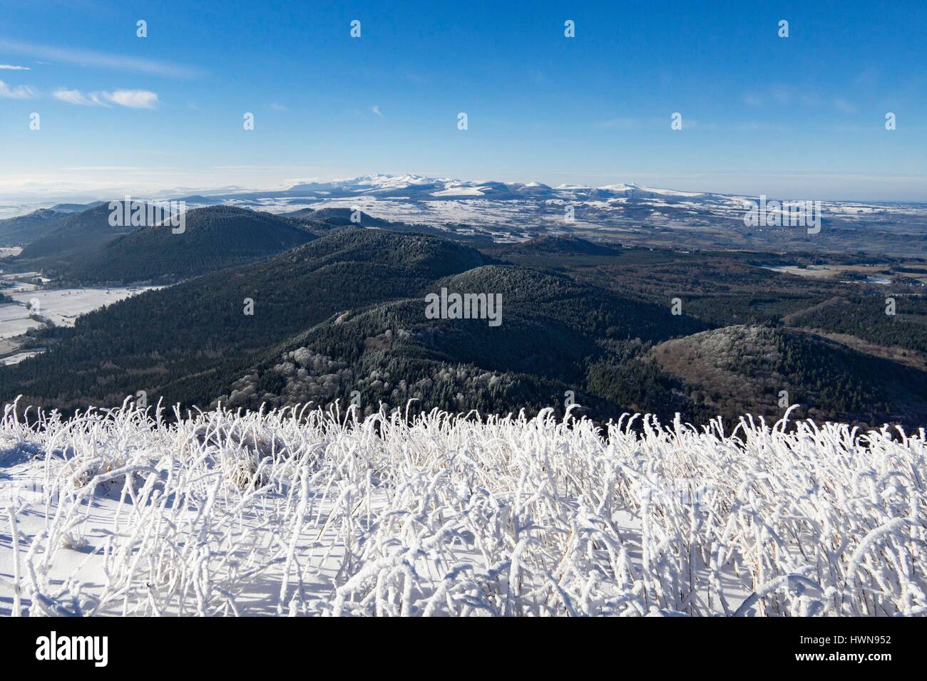 Frankreich, Puy de Dome, Châtel-Guyon, Chaîne des Puys, Regionalen Naturpark der Vulkane der Auvergne, Puy-de-Dome Gipfel, südlich der Chaîne des Puys, der Sancy im Hintergrund Stockfoto