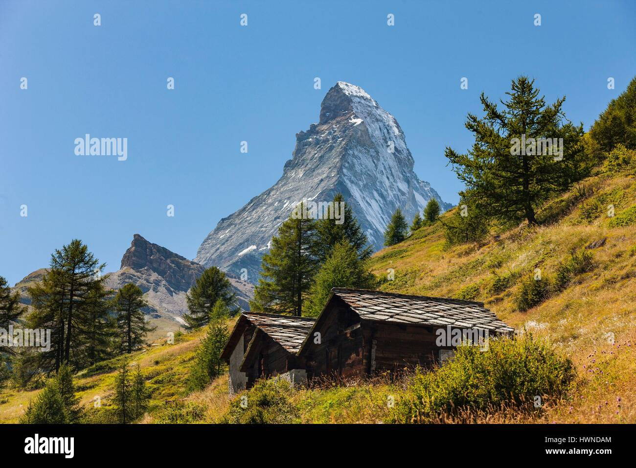 Schweiz, Kanton Wallis, Bahnhof Zermatt und das Matterhorn (4478 m) Stockfoto