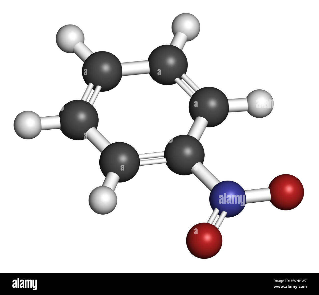 Nitrobenzene Lösungsmittel Molekül. 3D-Rendering. Atome sind als Kugeln mit konventionellen Farbcodierung vertreten: Wasserstoff (weiß), Kohlenstoff (grau), Sauerstoff Stockfoto