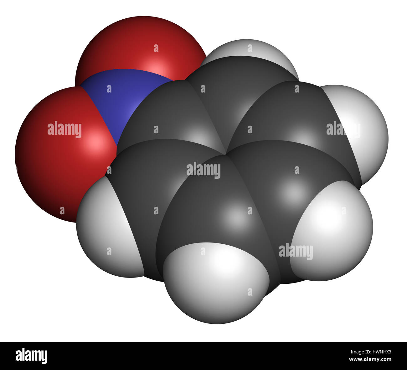 Nitrobenzene Lösungsmittel Molekül. 3D-Rendering. Atome sind als Kugeln mit konventionellen Farbcodierung vertreten: Wasserstoff (weiß), Kohlenstoff (grau), Sauerstoff Stockfoto