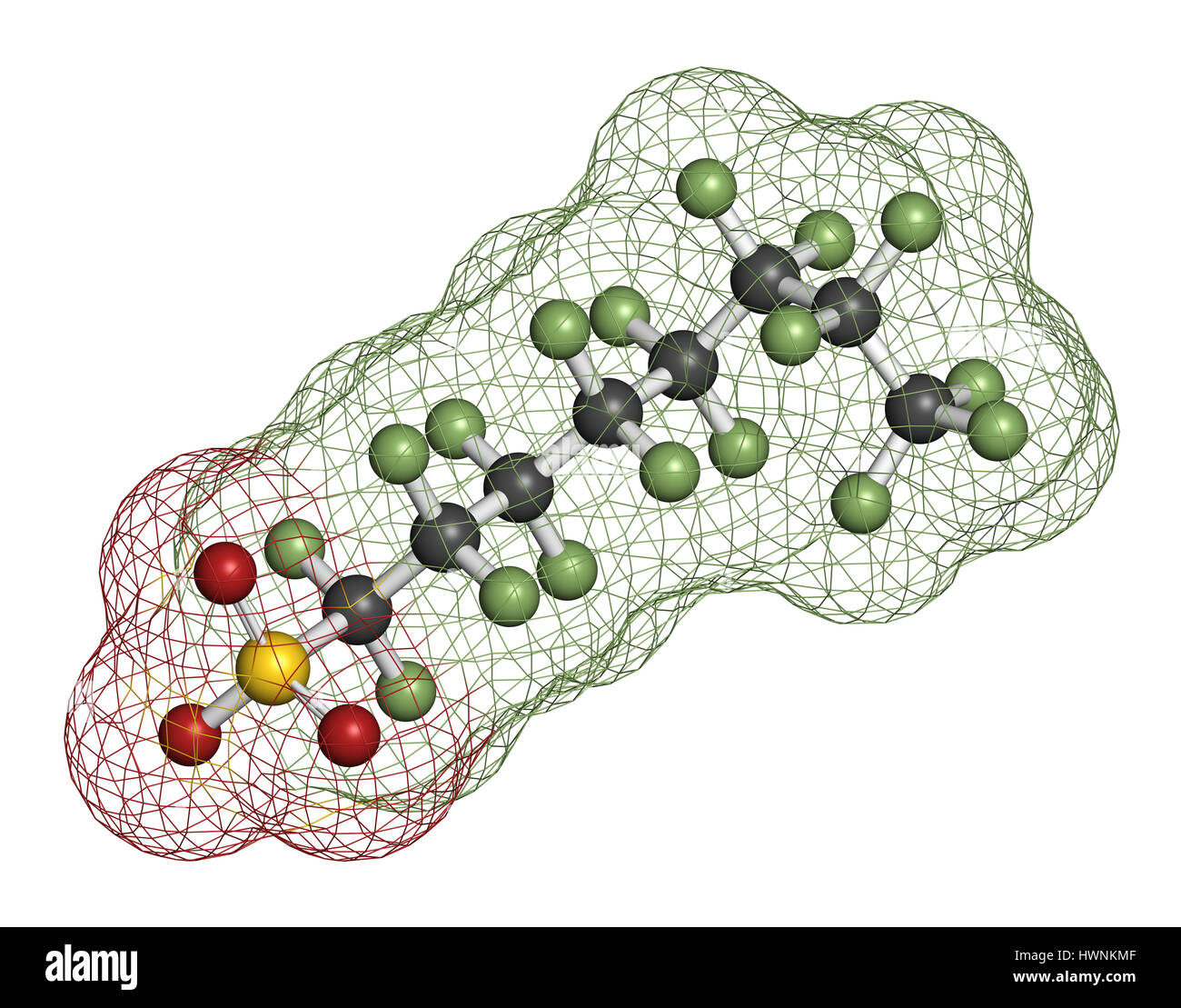 Perfluorooctanesulfonic Säure (Perfluorooctane Sulfonate, PFOS) persistenter organischer Schadstoffe Molekül. 3D-Rendering. Atome werden als Kugeln w dargestellt. Stockfoto