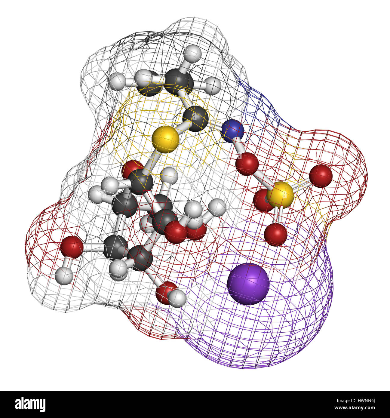 Sinigrin Glucosinolat Molekül. Präsentieren Sie in einige Kreuzblütler Gemüse (Rosenkohl, Brokkoli, schwarzer Senf, usw.). 3D-Rendering. Atome sind Kongress Stockfoto