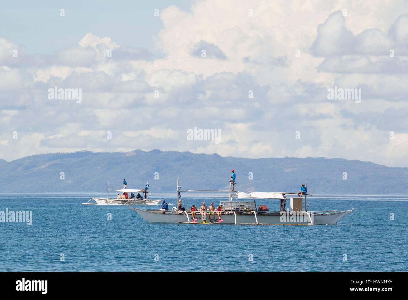 Philippinen, Luzon, Provinz Sorsogon, Donsol, Boote warten Walhai Stockfoto