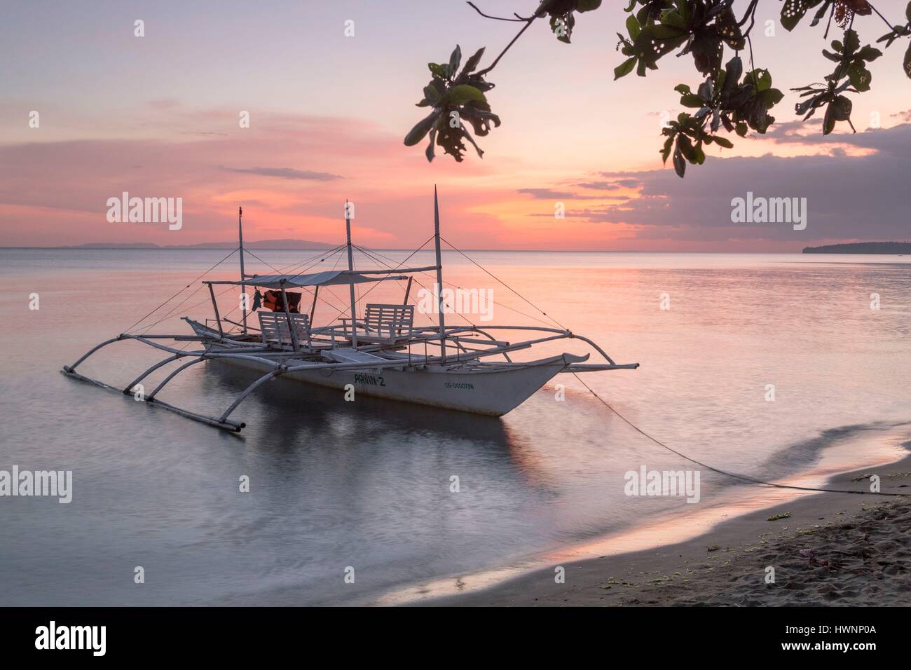 Philippinen, Luzon, Provinz Sorsogon, Donsol, Walhai Interaktion Boot in der Dämmerung Stockfoto