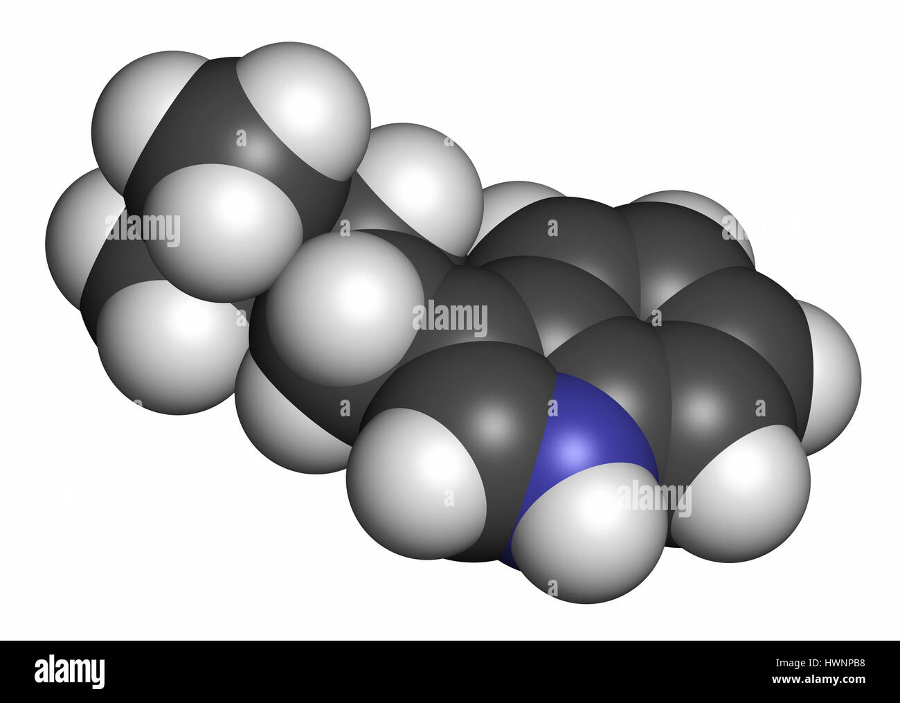 Dimethyltryptamin (DMT) psychedelische Droge Molekül. Das Getränk Ayahuasca zu präsentieren. 3D-Rendering. Atome werden als Kugeln mit konventionellen c dargestellt. Stockfoto