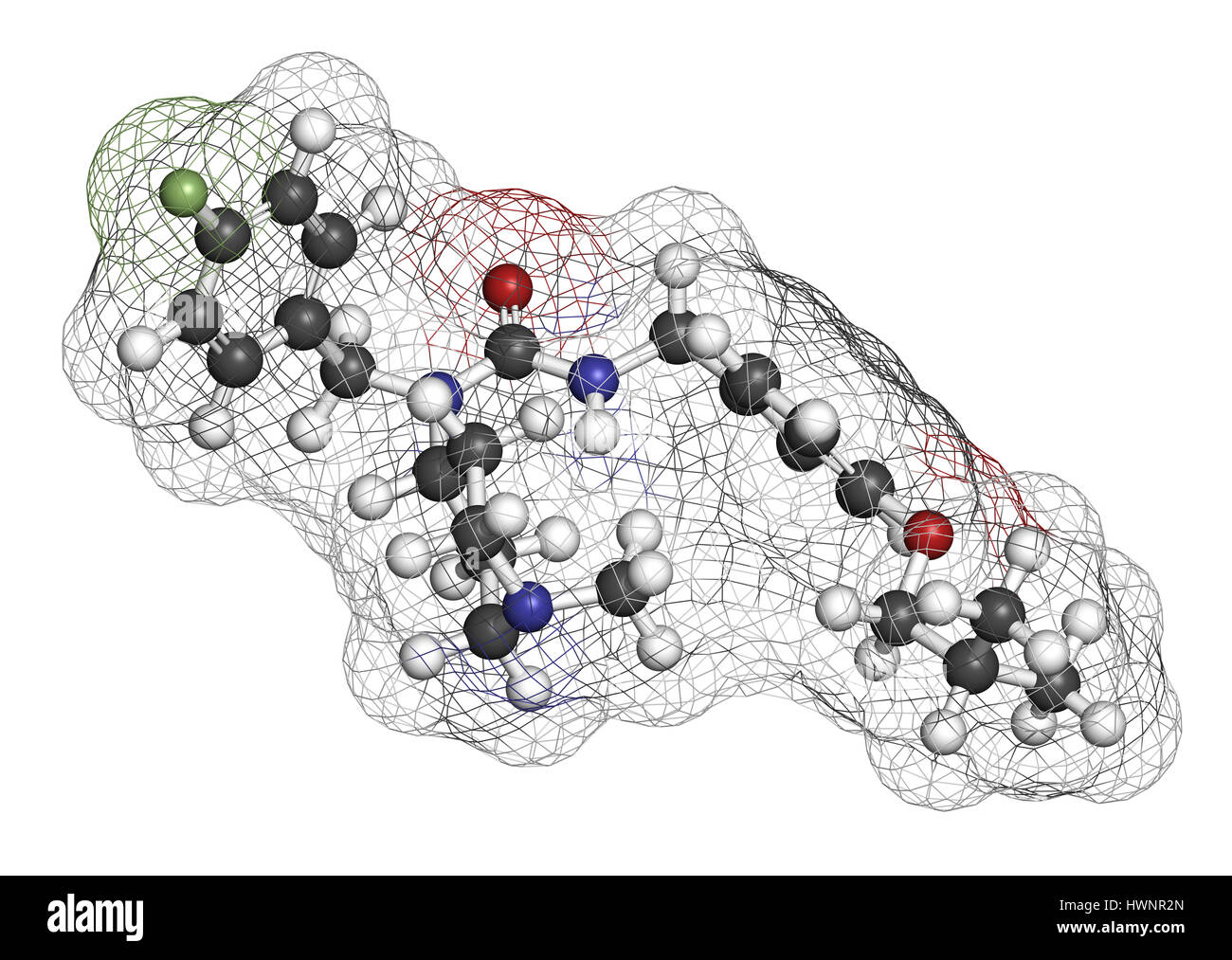 Pimavanserin atypische Antipsychotika Wirkstoffmolekül. 3D-Rendering. Atome sind als Kugeln mit konventionellen Farbcodierung vertreten: Wasserstoff (weiß), ca Stockfoto