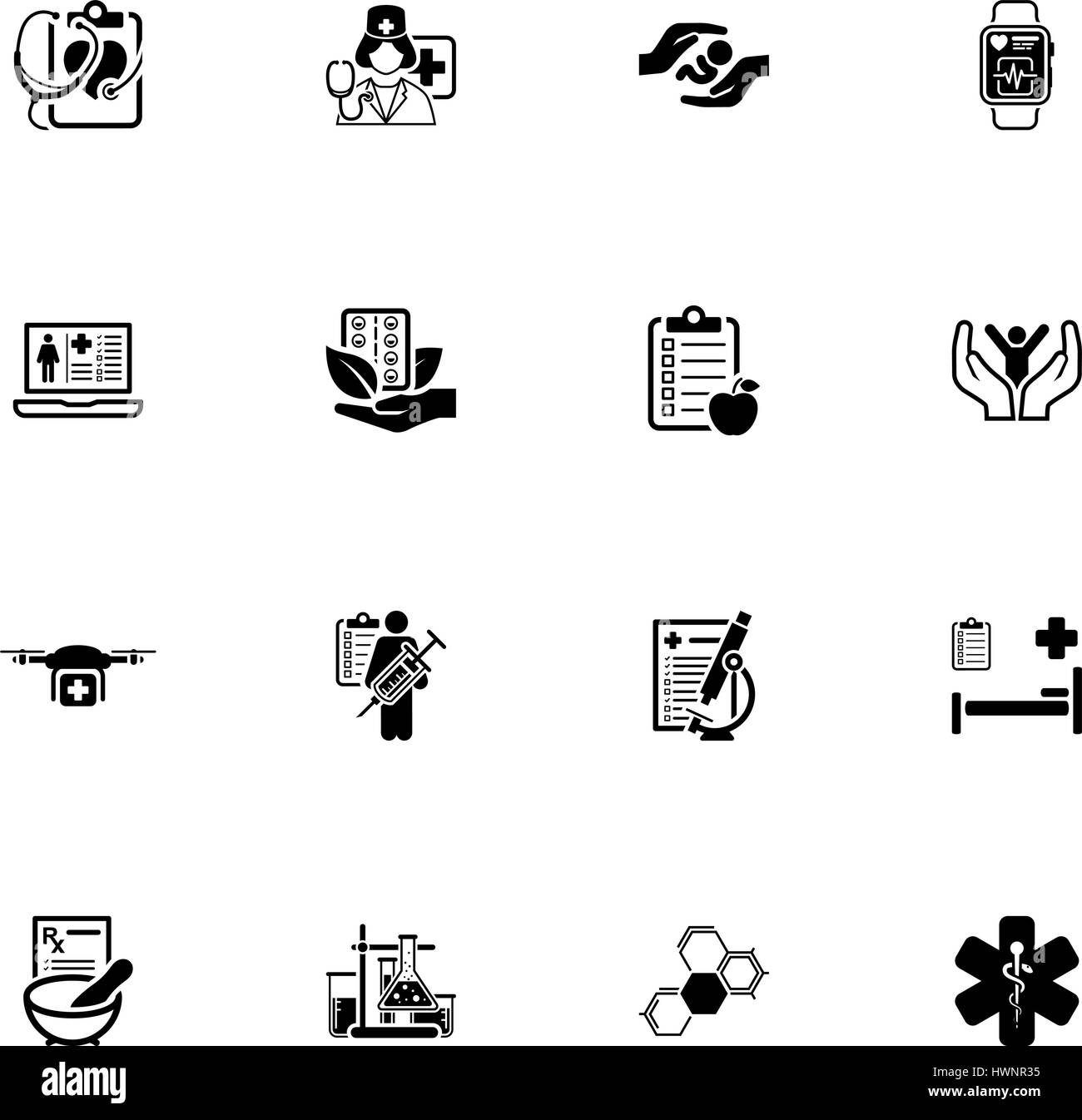 Medizin und Gesundheitswesen Icons Set. Flaches Design. Stock Vektor