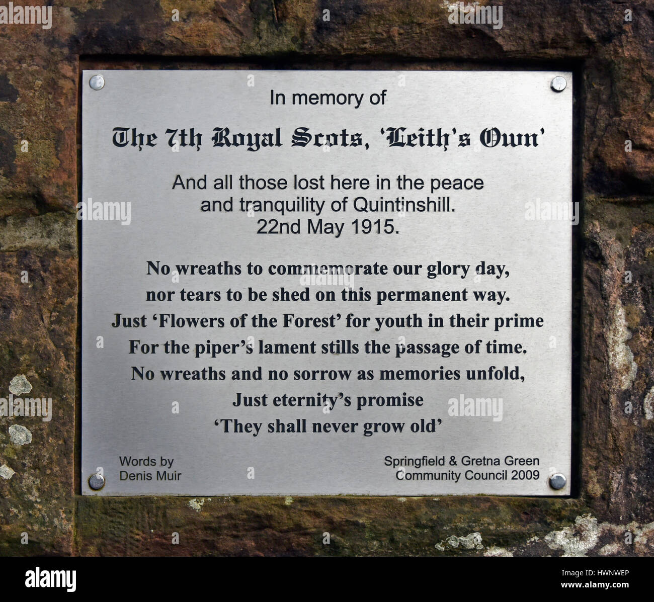 Gedenktafel am Standort der 22. Quintinshill Schiene Katastrophe. Mai 1915. Quintinshill in der Nähe von Gretna Green, Dumfriesshire, Schottland, Großbritannien Stockfoto