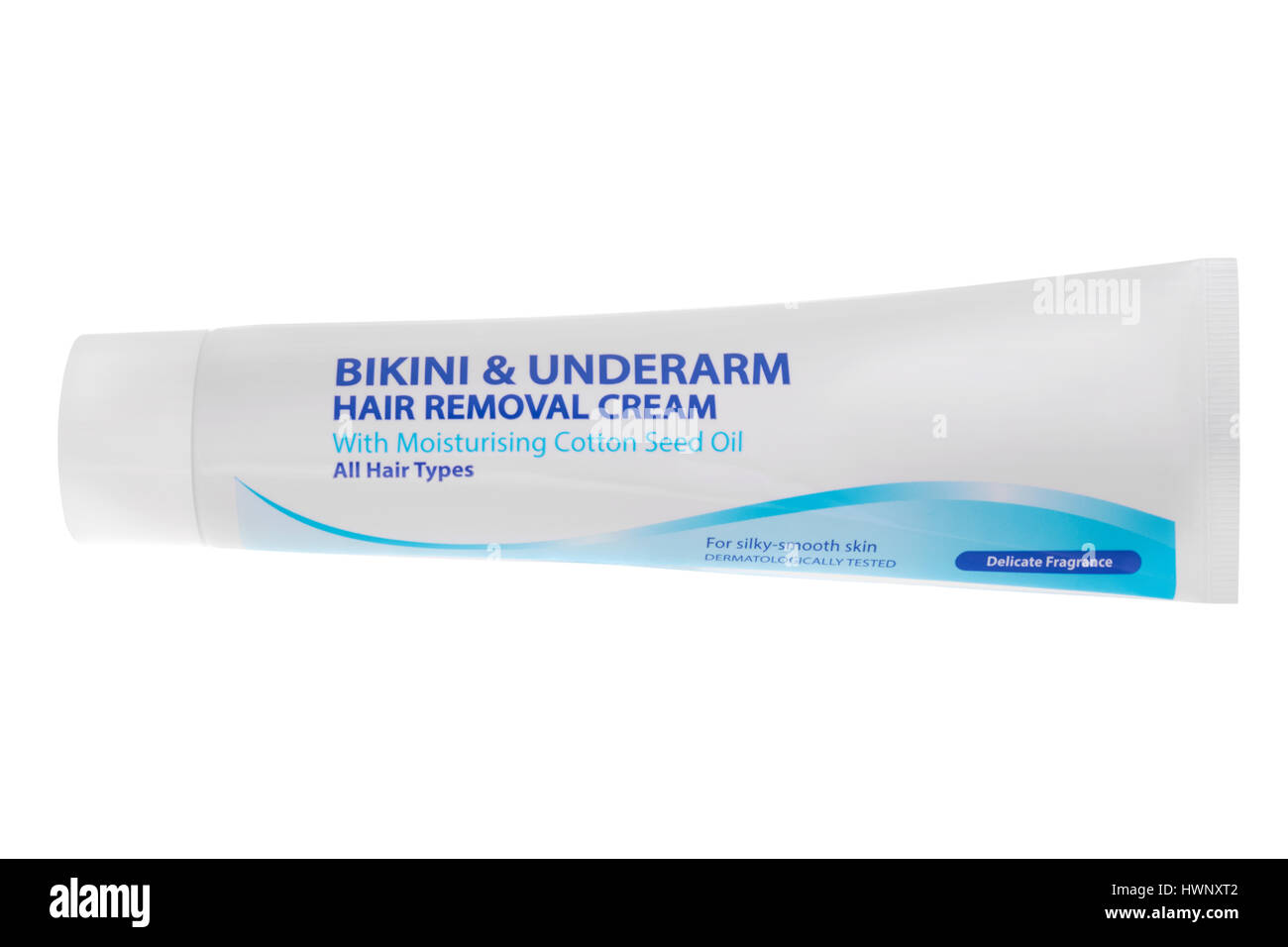 Rohr von Bikini und Achseln Haarentfernung Creme auf weißem Hintergrund Stockfoto