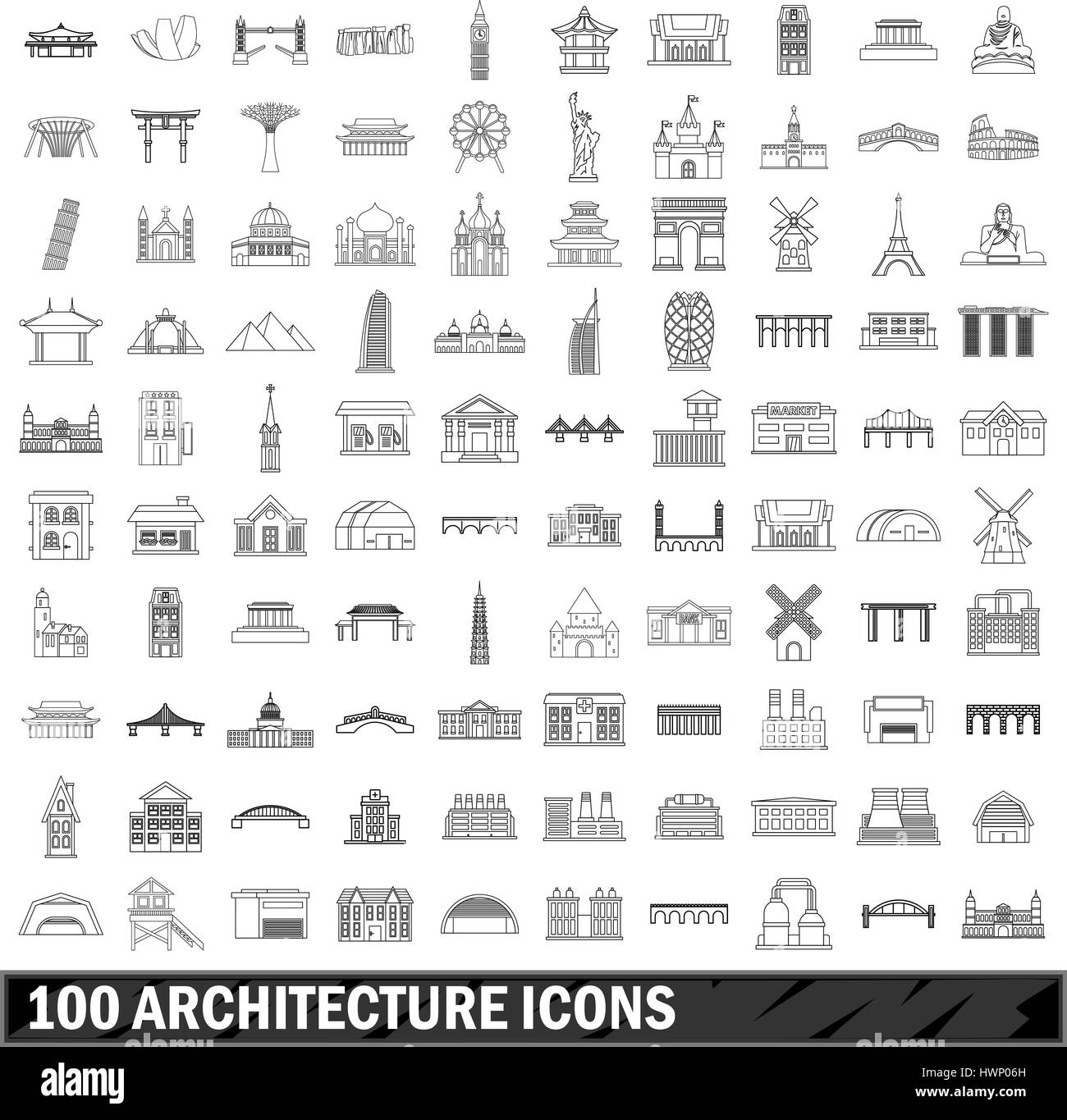100 Architektur-Ikonen-Set, Umriss-Stil Stock Vektor